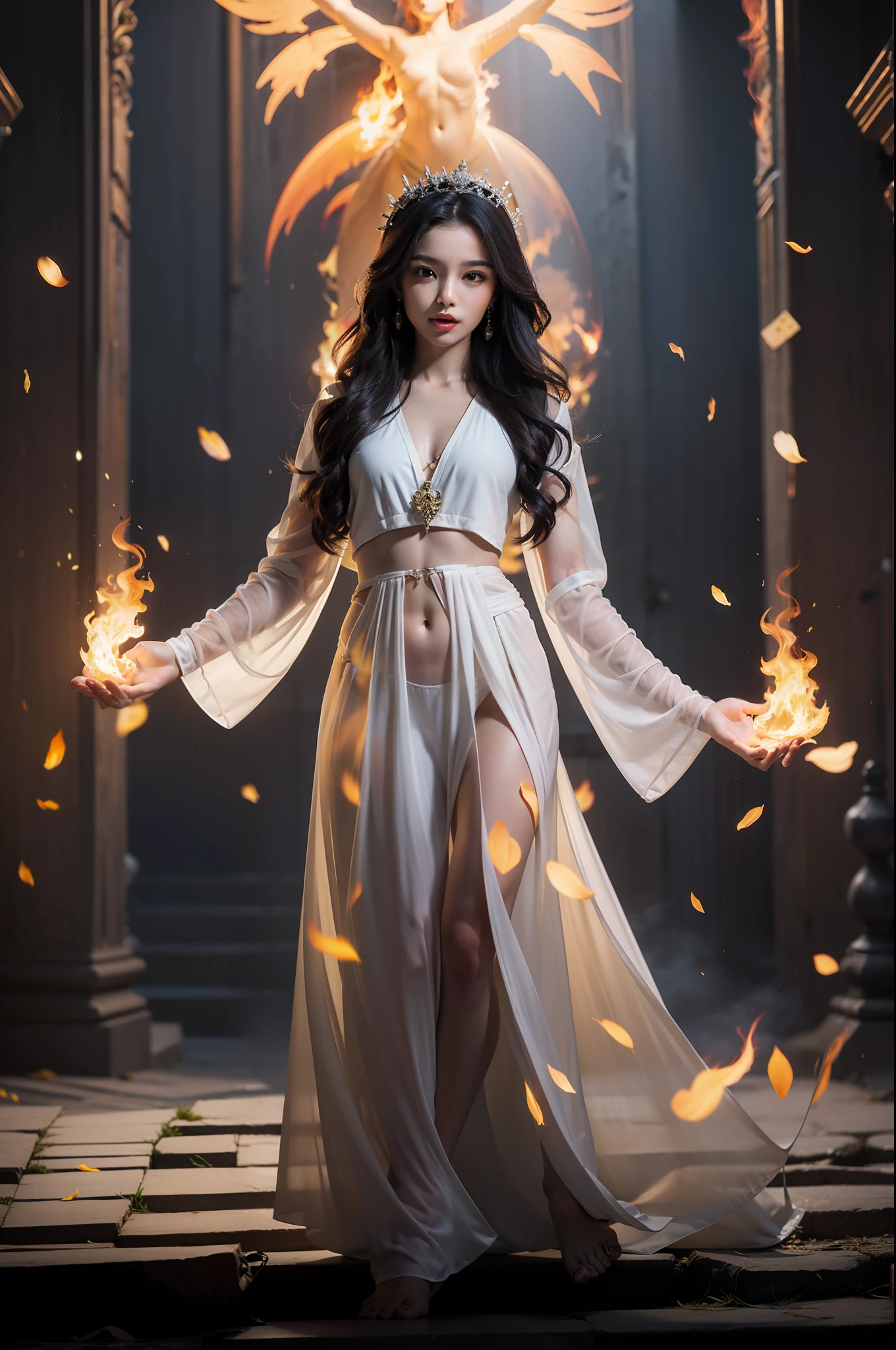 Beautiful girl with high exposure, Translucent white goddess costume engulfed in flames.Colorful flames erupt from her feet.She sings with open arms. ornament detached. The tips of her hair turned into flames. Little Man Lined Up At Girl's Feet. You can see her navel.