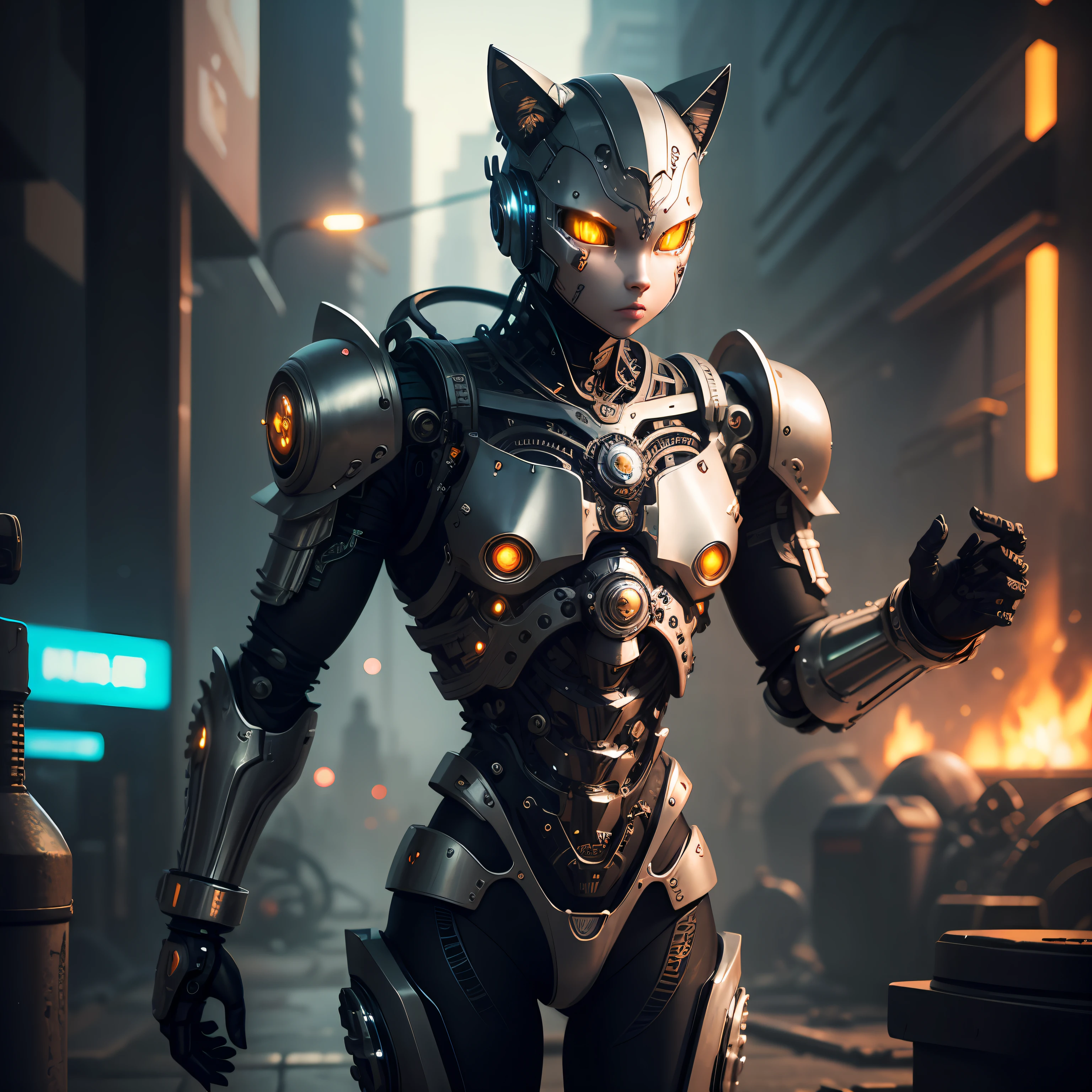 A cute kitten made of metal, robot, cyberpunk style, ((intricate details)), hdr, ((intricate details, super detailed)), cinematic footage, vignette --auto