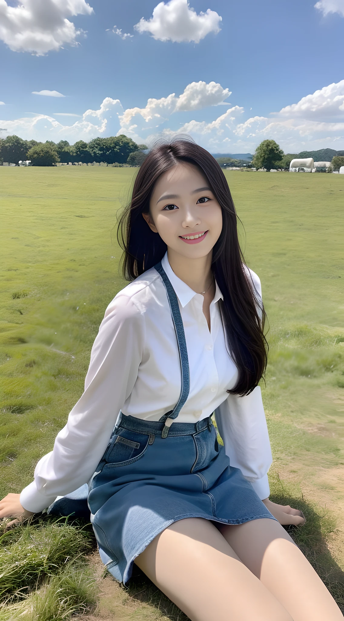 A beautiful and cute girl, full body photo, extremely beautiful and delicate, black hair, sweet smile, delicate beautiful fair skin, realistic and realistic, exquisite and complete facial features, detailed facial portrayal, high nose bridge, flowing smooth hair, extremely delicate hair, soft temperament, face light, tall, thin, real, hyper-real, full-body lens, forward tilt angle, ultimate picture quality, highest precision, accurate and perfect human body structure. Blue sky and white clouds, sitting on the grassland, blue sky and white clouds, sunlight, cows and sheep, (suspenders, long skirts) panties are clearly visible
