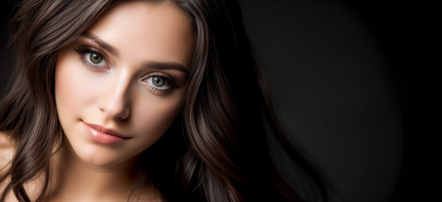 a close up of a woman with long dark hair in a studio with professional lighting, dark eyes, (add_detail:1)