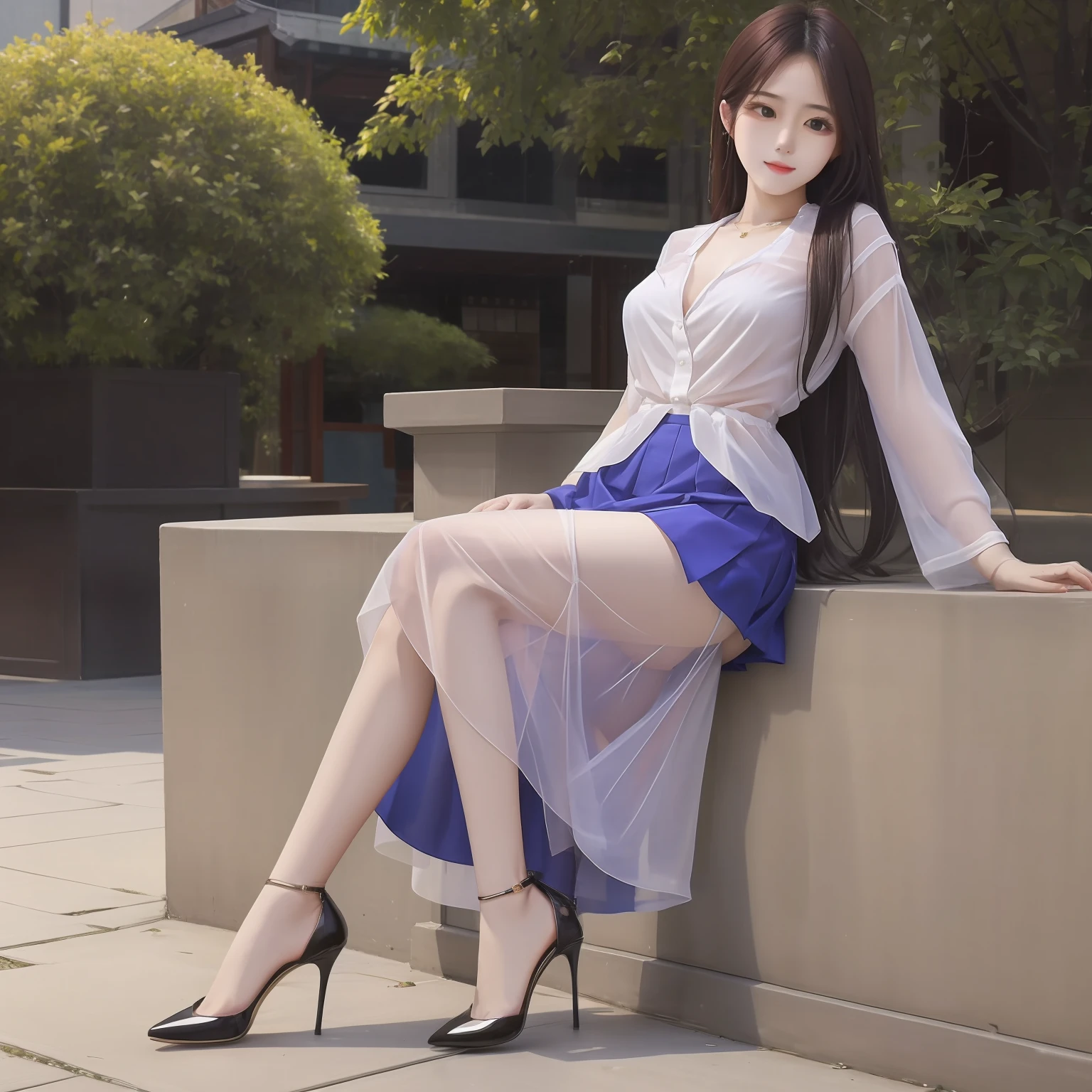 ssee-through，stocklings，Gauze skirt，Bigchest，whaite hair，Overlooking，a asian beauty，full bodyesbian，long leges，high-heels，Side，sofe，outside，Need，tmasterpiece