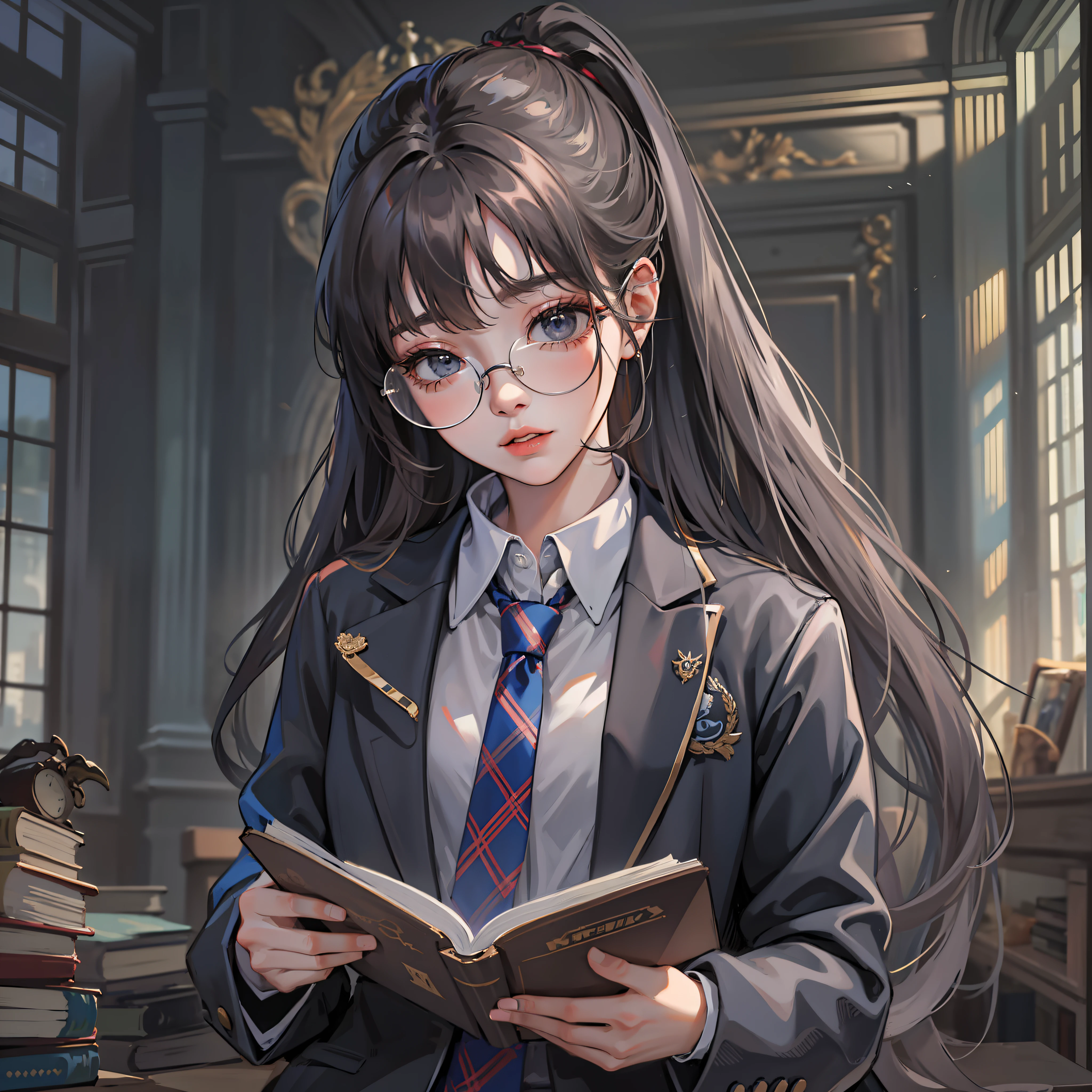 kr-pny, Outrageously long ponytail, Parted bangs, 1girll, school uniform, Dark gray open jacket, Dark gray blazer, Pleated skirt, Plaid skirts, circle glasses, Reading a book, Shy and quiet girl, View the object, Extremely detailed hair, intricately details, Masterpiece, Best quality, Upper body, Realistic,Need,tmasterpiece,16k