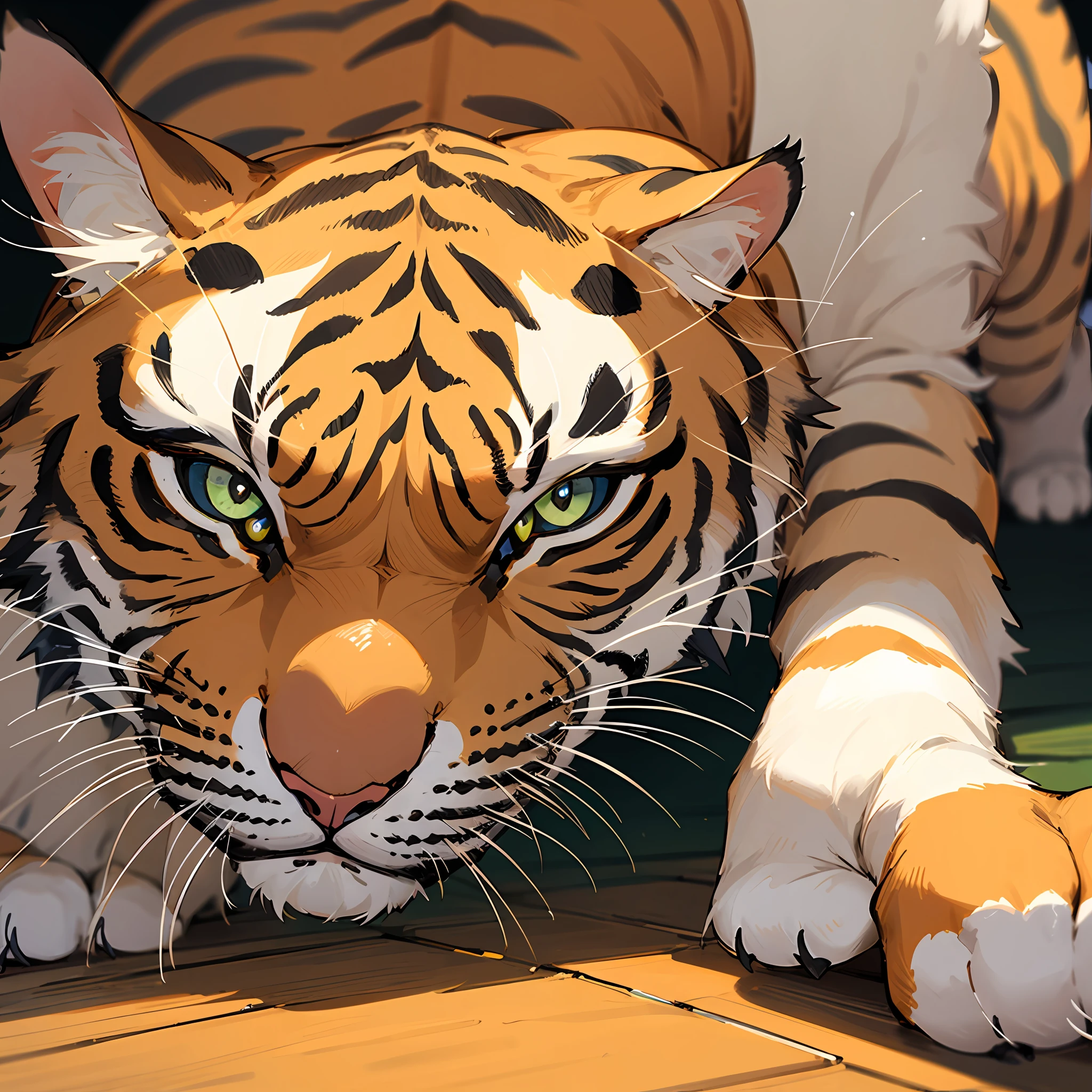 Tiger cat， Very extreme close-up portrait， Better paws， Better feet， Pet tiger， on the floor on all fours， mont， As estrelas