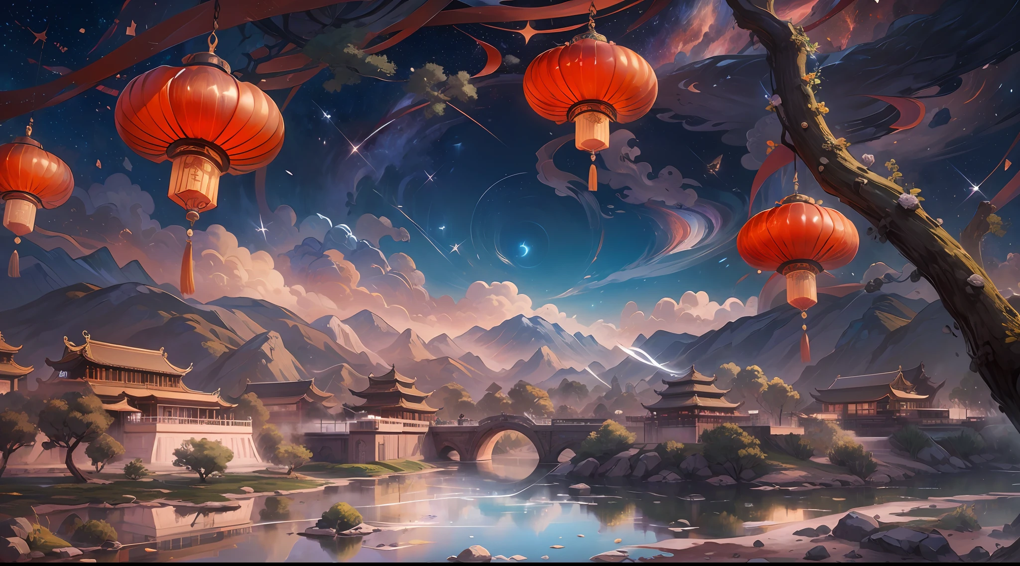 China-style, Starcloud, pergaminhos, tmasterpiece, super detailing, Epic composition, hyper HD, high qulity, extremely detaile, offcial art, 统一 8k 壁纸, super detailing, 32K , starrysky