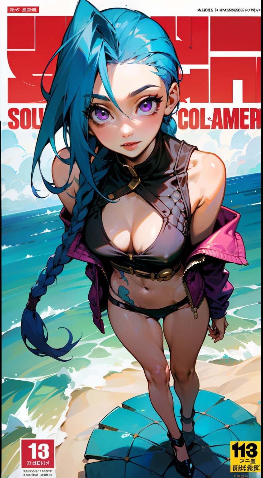 Jinx,Solid pink premium comic background，Slim figure，having fun，Mesh garment，Chest open，Exposing the abdomen，ed buttshy thighs，Purple shawl，Masterpiece，Brilliant sunshine，Ocean Garden，Above the sky，Comic cover style，Comic title,tmasteece， High- sharpness， high high quality， 详细的脸， detailed body render， 1girll， 独奏， Hinata sleeveless clothing，big cleavage breastveless shishing net clothing， Dark lips， Unzipped jacket， no brassiere， breasts out，， standing on yourBe red in the face，