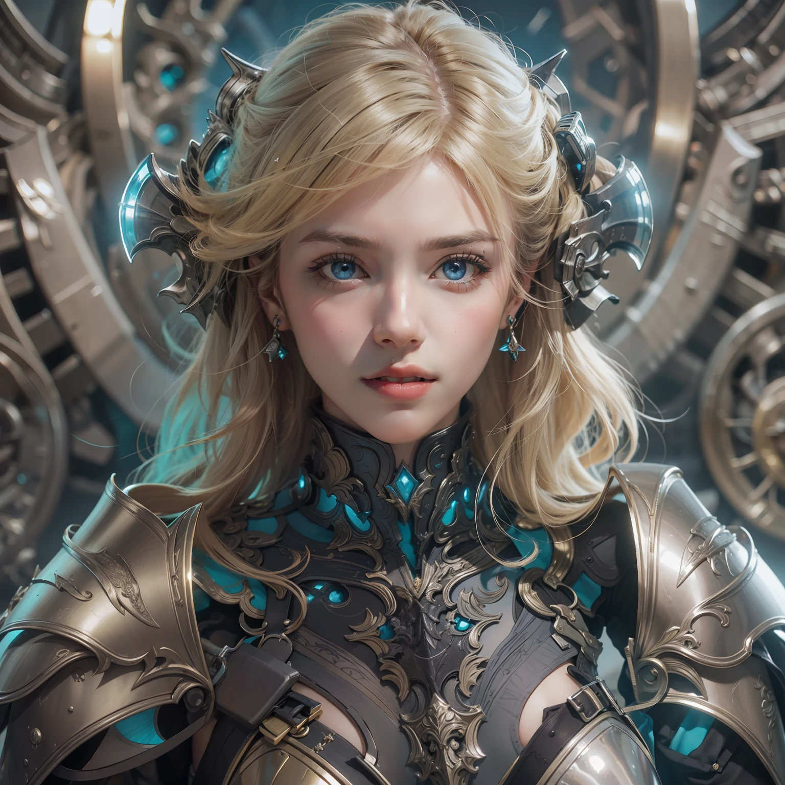 "(((obra-prima))), melhor qualidade, ultra-detallhado, High resolution CG image with a beautiful blonde woman with bright blue eyes, retratados em detalhes fascinantes, Black armor detailed with precision