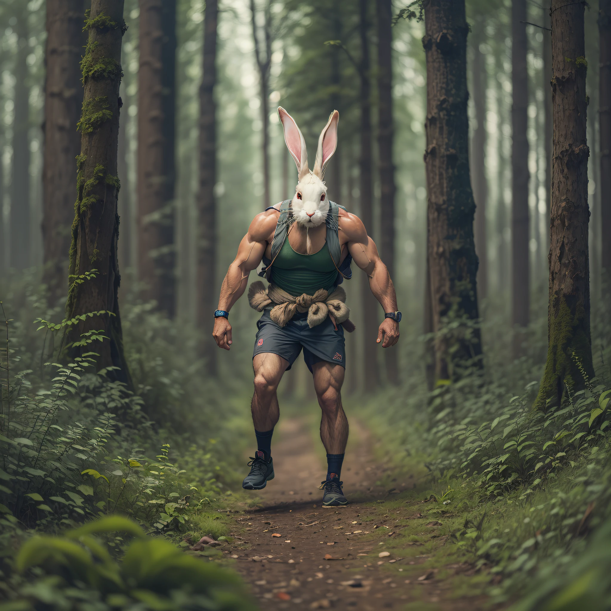 Strong man with rabbit head in the middle of forest of trail clothes