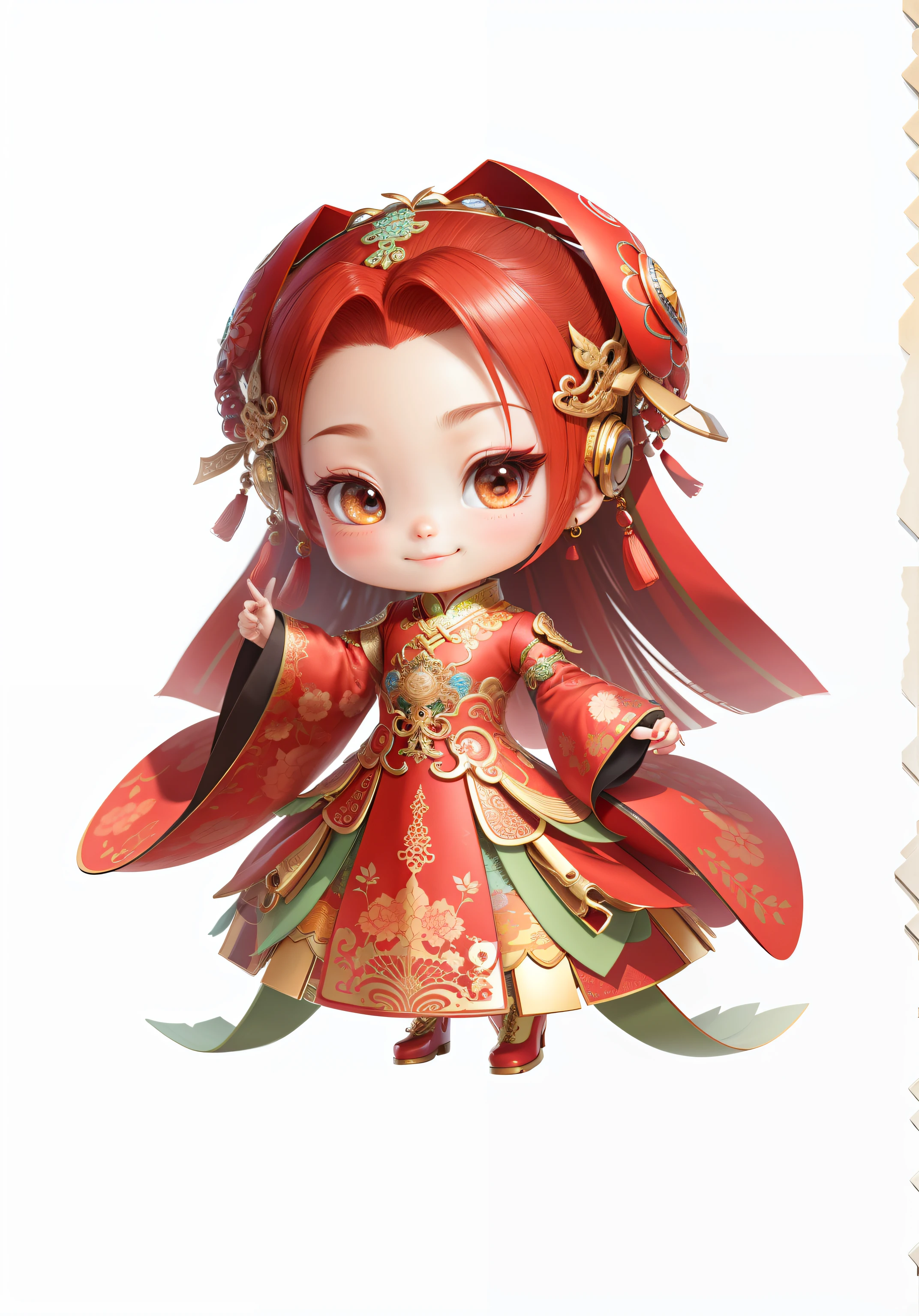 China-style，Chinesedress，Chinese shoes，The mouth smiles，ssmile，8K，best qualtiy，tmasterpiece，ultra - detailed，best qualtiy，超高分辨率，profesional lighting，photon maping，Radio City，physically-based renderingt，cinmatic lighting，Fine painting，filigree，Refinement，infinite details，Metal details，metalictexture，Three-dimensional metal pattern，Chinese three-dimensional metal texture