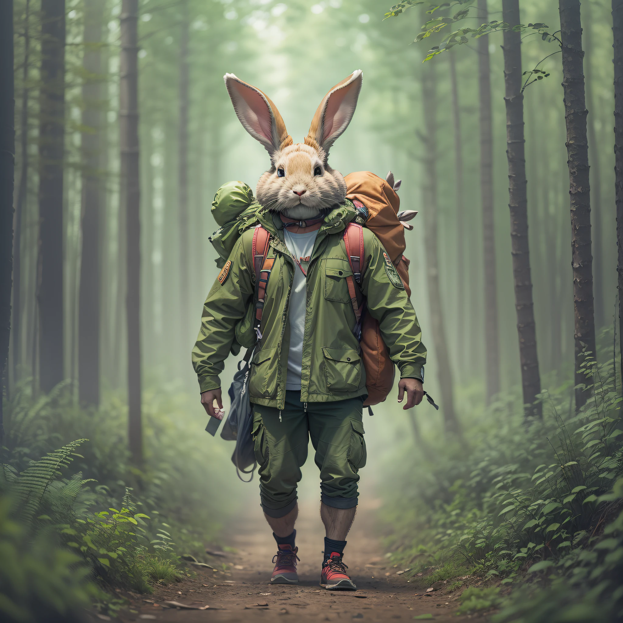 Strong man with rabbit head in the middle of forest of trail clothes
