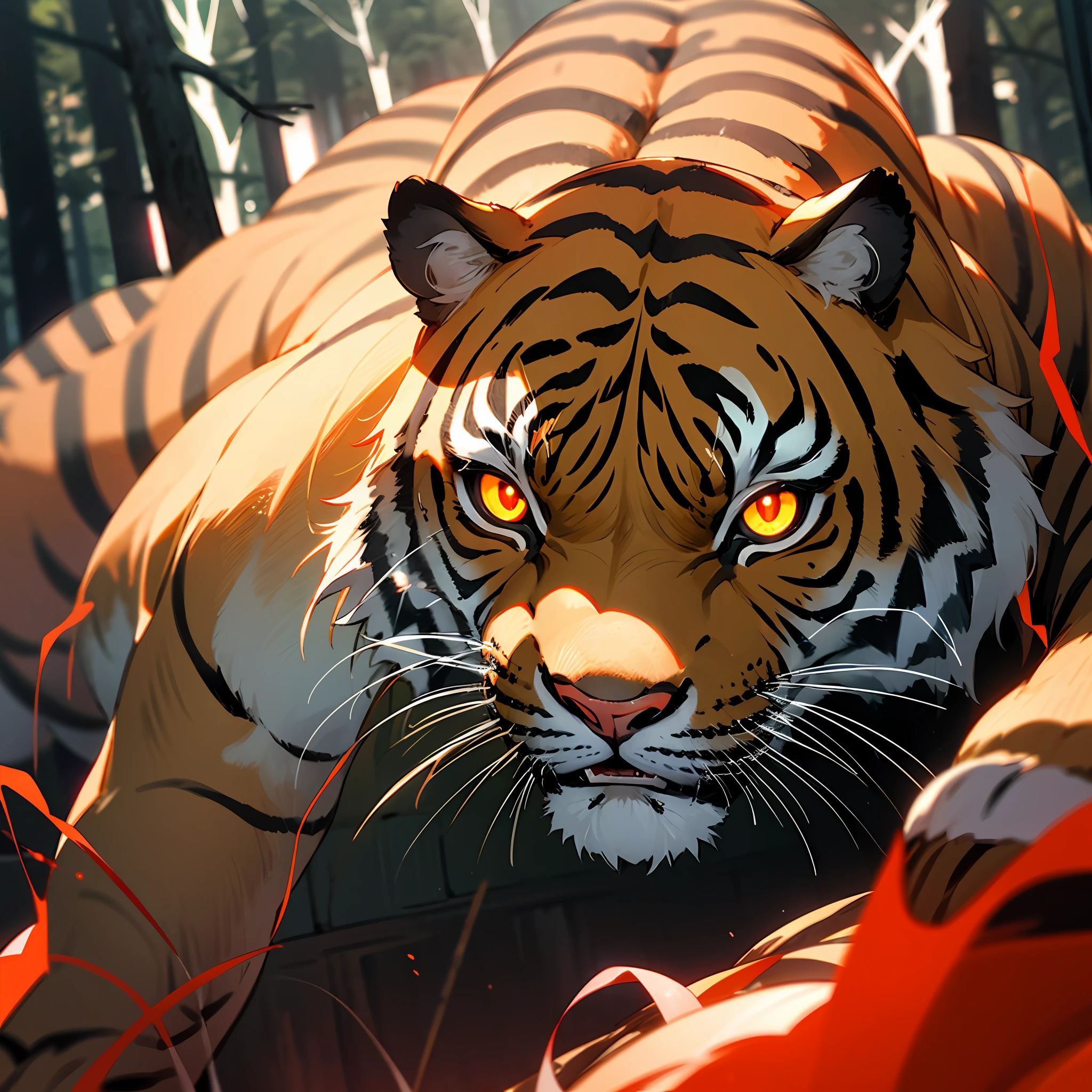 closeup a tiger in a dark forest, red glowing eye, black and yellow stripe in body, thunderstorm atmosphere, 4k photo 3d, ultra HD