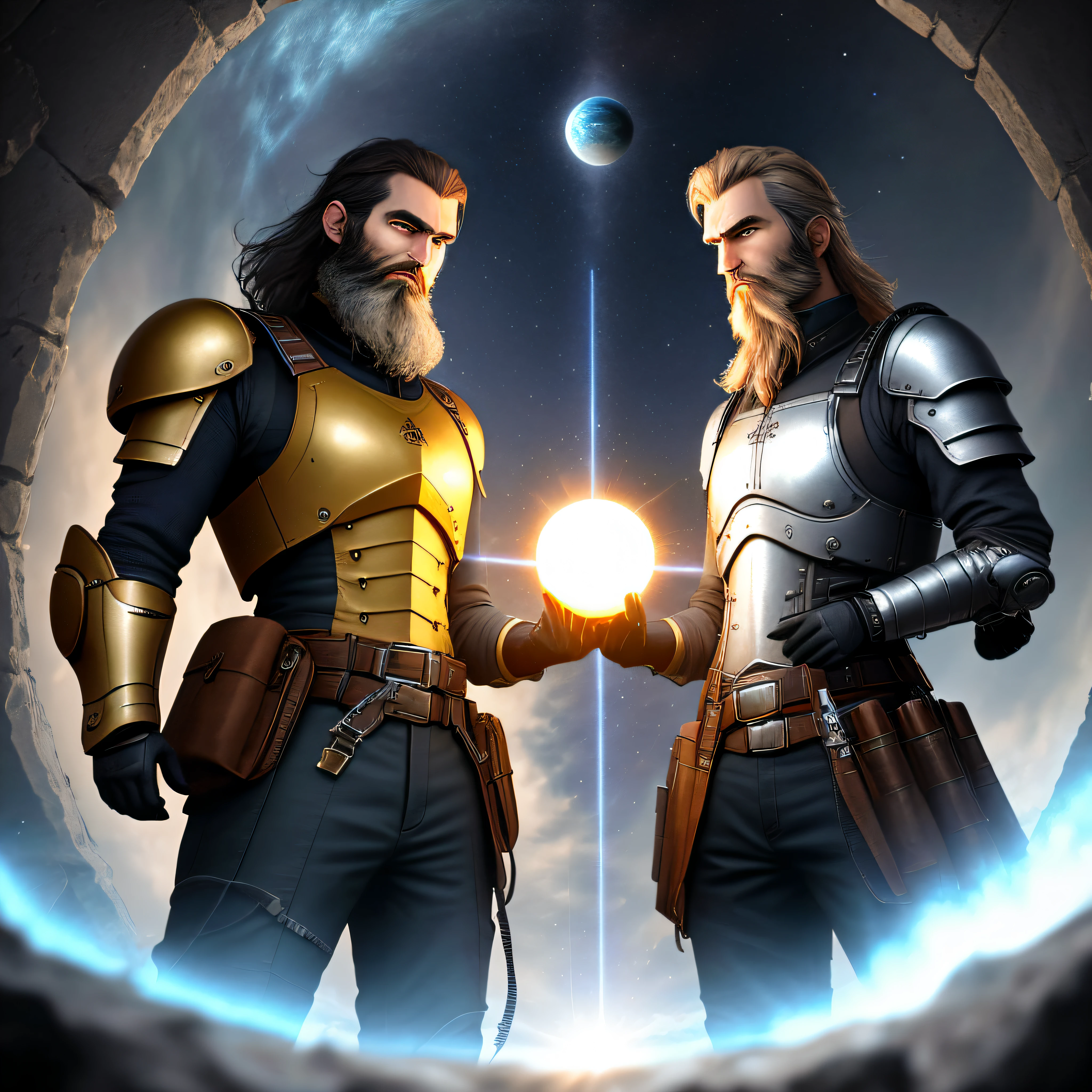 3d backround [(an enigmatic celestial sphere, charged with mysteries and intense light),((1 Western man),(1 Western man without a pilot beard with special combat vest)),(battle clothes),(special combat armor),(laser weapons)],[(the find of an illuminated enigmatic sphere)]