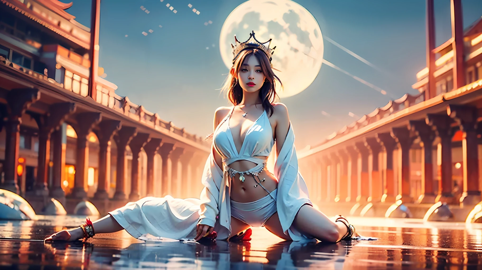 ultra-wide-angle，full depth of fields，The first thing shown in the picture is Lora's beautiful K-cup teardrop-shaped giant tit chest，Lora beauty wears a gorgeous transparent gauze robe that is half-dressed and half-off，Let Lora's beautiful female super sexy body with obvious characteristics is particularly irritating，Lora's beauty has dreamy pupils in her huge Kaziran eyes，Lora's small and delicate nose is delicate and straight, and her seductive little red lips make her face beautiful，Lora's beauty is like a swan, and under her slender neck are slippery shoulders and beauty collarbones，Lora's beauty's fair and seductive arms swayed gently，Lora beauty is ergonomic and physiologically normal on beautiful hands，Wear gloves with transparent mesh silk thread，Has cool manicures，Wearing a gorgeous ring，Lora beauty has a gourd-shaped body，No fat funnel-shaped waist，Vest line with delicate lines，Sexy buttocks with butterfly cross，A pair of super slender, rounded and toned legs，Stepping on a pair of slender jade feet，Above the colorful hair of the Lora beauty is a halo crown，Gorgeous colorful tattoos and trinkets adorn the whole body，Behind the beauty of LoRa is the river of stars from far and near and from top to bottom, the aurora meteor storm, the clear sky, the bright moon, the rising moon in the distant mountains, the snow tops of the Han sea, the blue ice falls, the cherry blossoms are far away from the noisy city, and the ship is full of neons，These beauties make Lora beauty have a smile that makes people think about it，Use Midjourney's advanced brush tools and experiment with different color palettes and strokes to show and improve clarity，Embodies all the sensual qualities of Lora's beauty that transcend realism。Use Midjourney's advanced brush tools and experiment with different color palettes and strokes, as well as texture tools to show and enhance the charm and passion of your scene，The magnificent natural landscape in the background in different weather conditio
