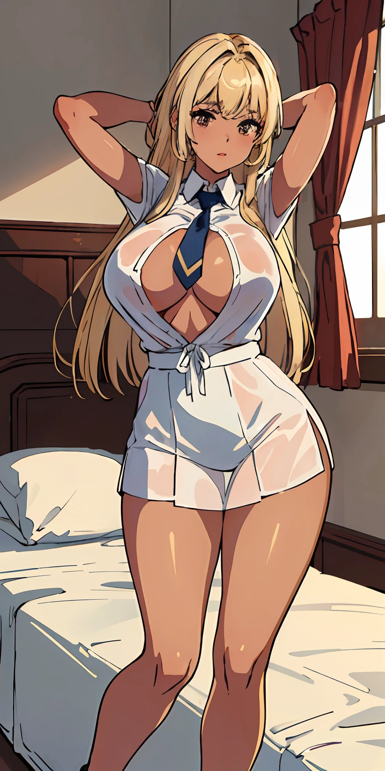 (((top-quality、masterpiece)))、1girl in、A stunning、a blond、barechested、(a bed)、((on the beds))、(((seductiv)))、School Uniforms、(Sheer clothes)、(((Brown skin tone)))、sun burn、(((Colossal tits)))、large full breasts、Sheer areol、neck tie、dance、dynamicposes