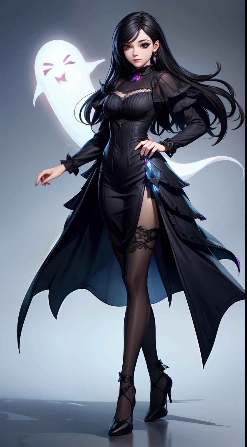 solo, super fine photo, full body photo picture Unreal Engine 5 8K UHD, beautiful girl, black hair, white thin Victorian dress, female ghost, banshee, black eyes with black tears, flying ghost, fantasy theme, fantasy design, beautiful make up, best quality, masterpiece, unified 8k wallpaper, super detailed, sharp focus.