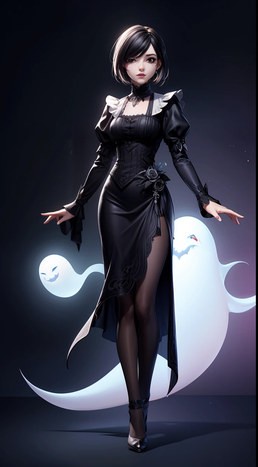 solo, super fine photo, full body photo picture Unreal Engine 5 8K UHD, beautiful girl, black hair, white thin Victorian dress, female ghost, banshee, black eyes with black tears, flying ghost, fantasy theme, fantasy design, beautiful make up, best quality, masterpiece, unified 8k wallpaper, super detailed, sharp focus.