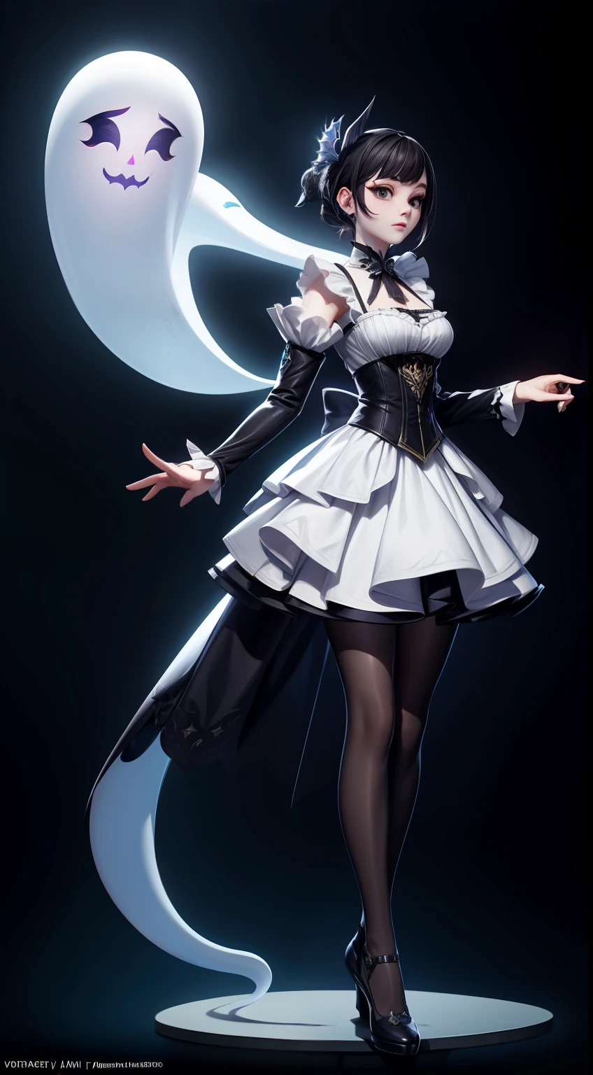 solo, super fine photo, full body photo picture Unreal Engine 5 8K UHD, beautiful girl, black hair, white thin Victorian dress, female ghost, banshee, black eyes with black tears, flying ghost, fantasy theme, fantasy design, beautiful make up, best quality, masterpiece, unified 8k wallpaper, super detailed, sharp focus.