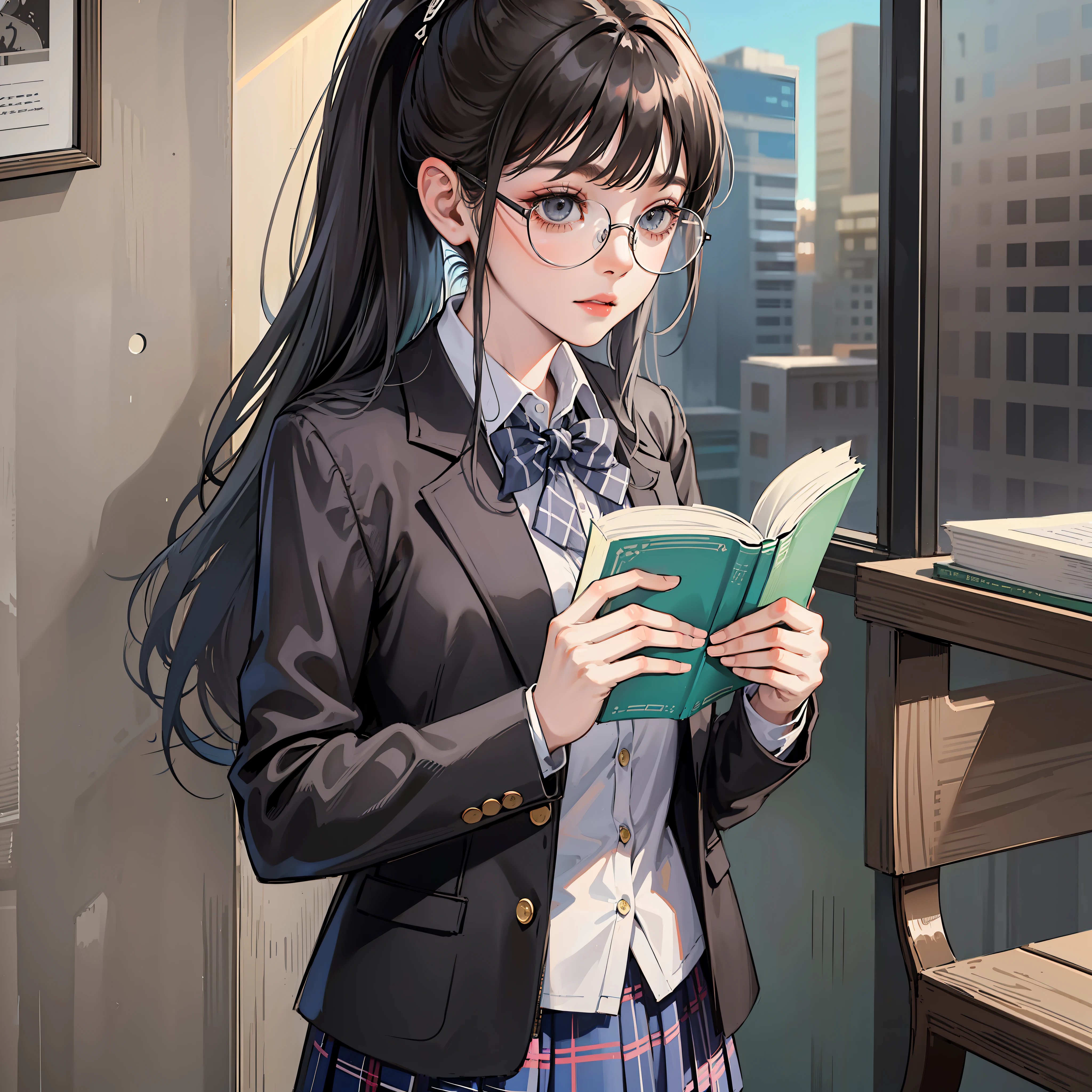 kr-pny, Outrageously long ponytail, Parted bangs, 1girll, school uniform, Dark gray open jacket, Dark gray blazer, Pleated skirt, plaid skirts, circle glasses, Reading a book, Shy and quiet girl, looking at the distance, Extremely detailed hair, intricately details, Masterpiece, Best quality, Upper body, Realistic,