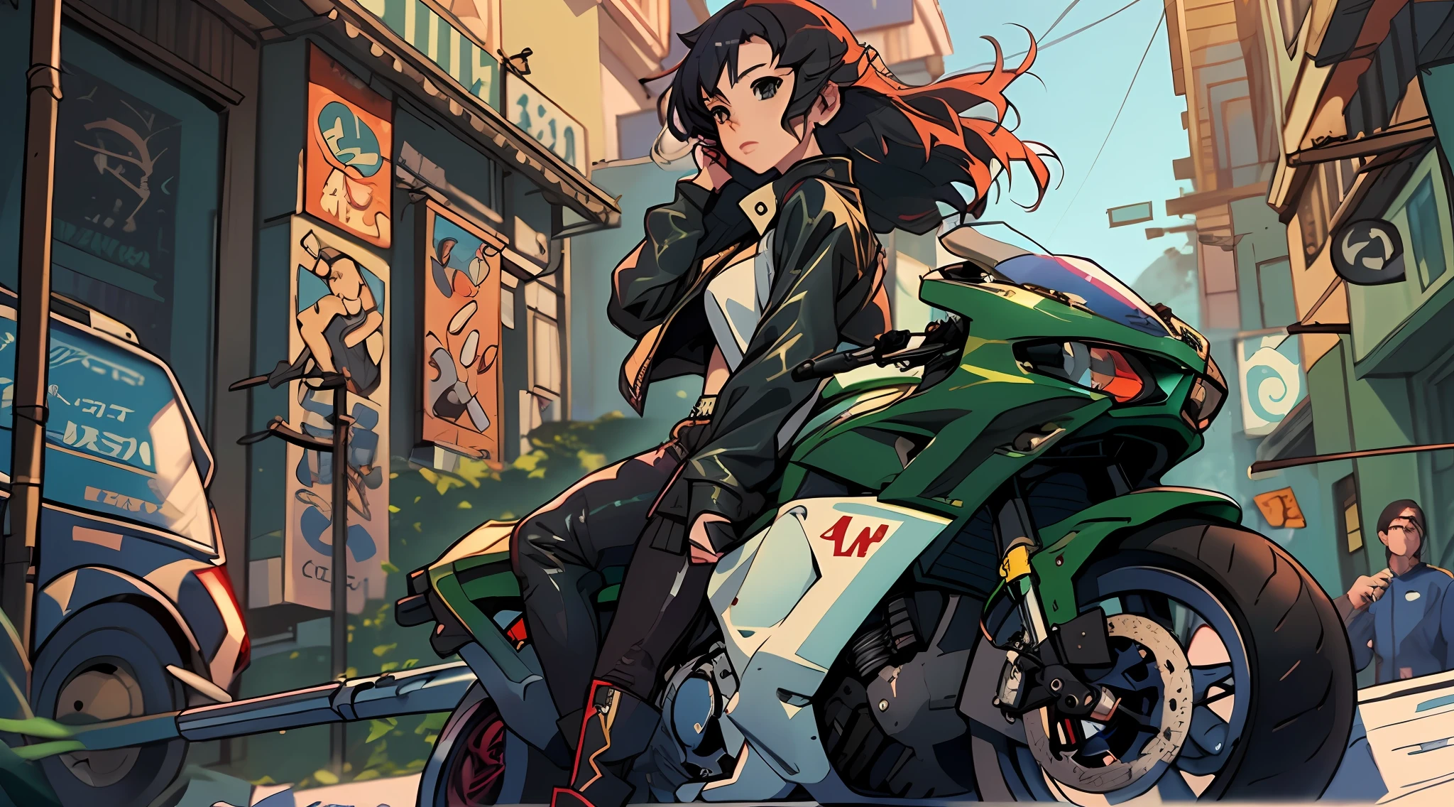 Menina anime andando de moto em uma rua da cidade, Directed by: Krenz Cushart, Akira Moto, Cushart Kenz, arte estilo anime, Krenz Cushart e Artgerm, Anime cyberpunk moderno, Krenz Cushart e Artem Demura, arte cyberpunk anime, inspirado em Krenz Cushart, estilo anime 4K