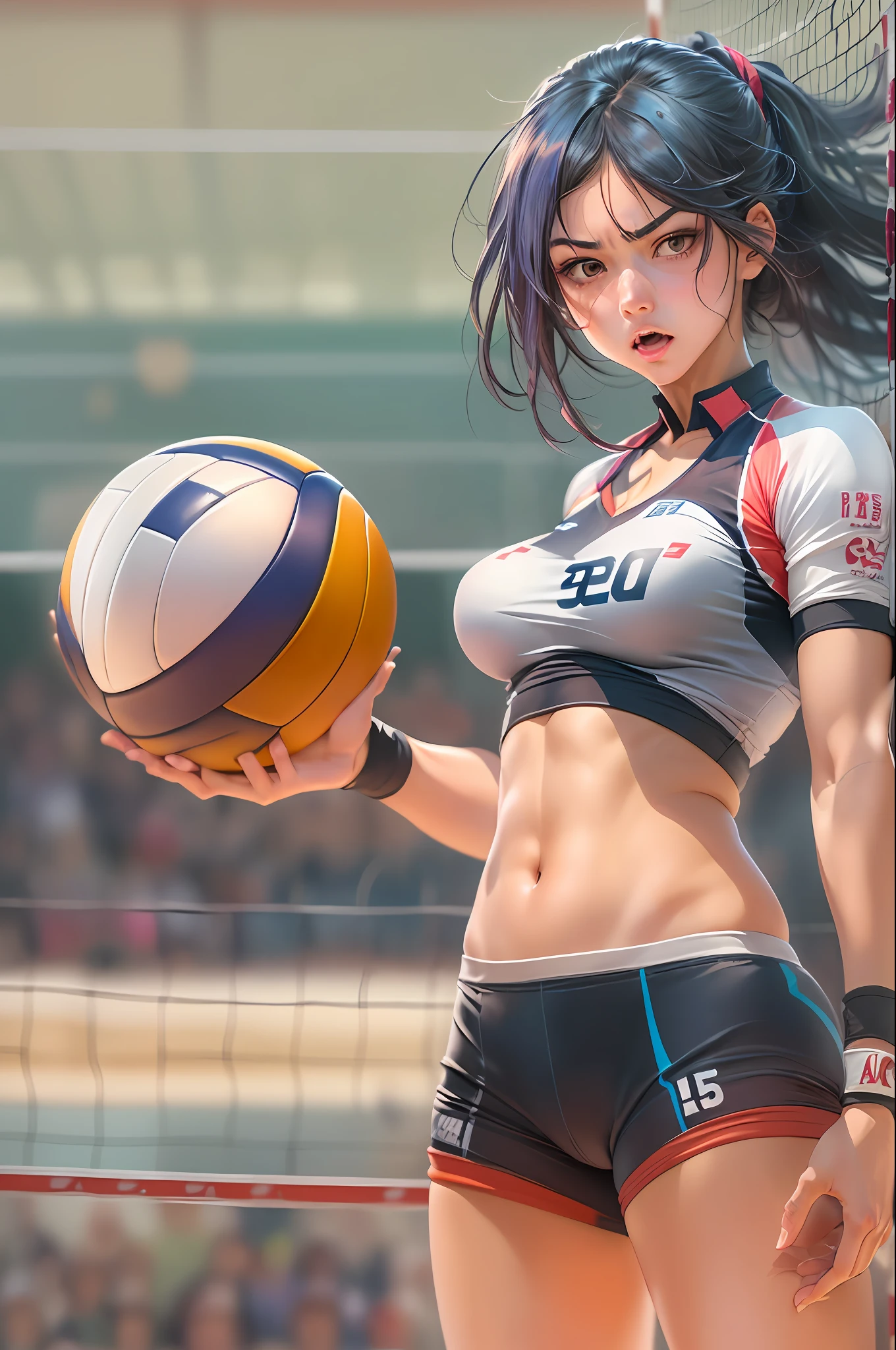 ((Best quality)), ((masterpiece)), ((realistic)), (full body), (1 girl: 1.5), The comic image of a girl with a (very aggressive face:1.2), colorful manga style, ultra detailed, Nisio Isin, Krenz Cushart, sharp colors, hazy, intensity close - up, hurufiyya, female volleyball player holding ball staring intently on a volleyball court