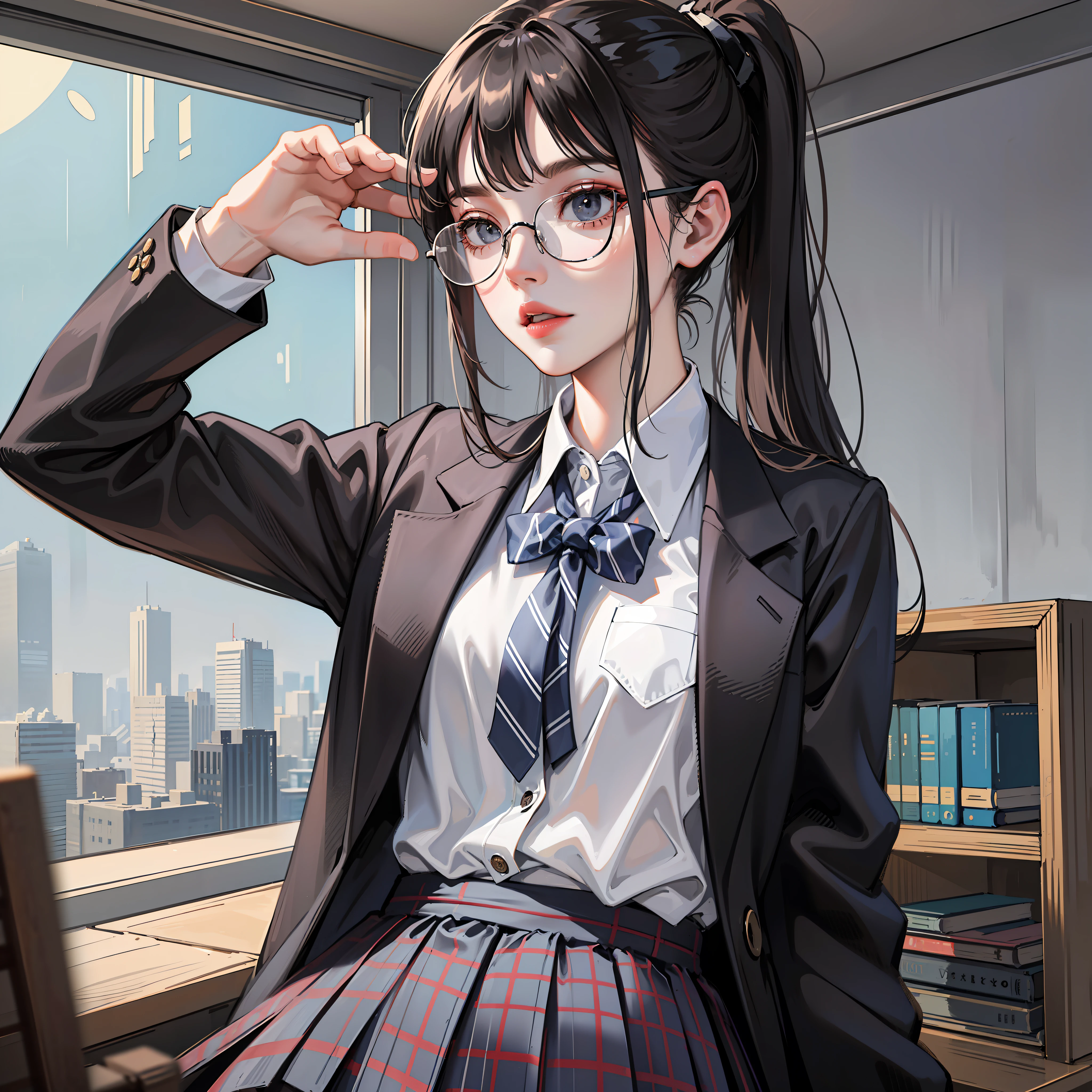 kr-pny, Outrageously long ponytail, Parted bangs, 1girll, school uniform, Dark gray open jacket, Dark gray blazer, Pleated skirt, plaid skirts, circle glasses, Reading a book, Shy and quiet girl, looking at the distance, Extremely detailed hair, intricately details, Masterpiece, Best quality, Upper body, Realistic,