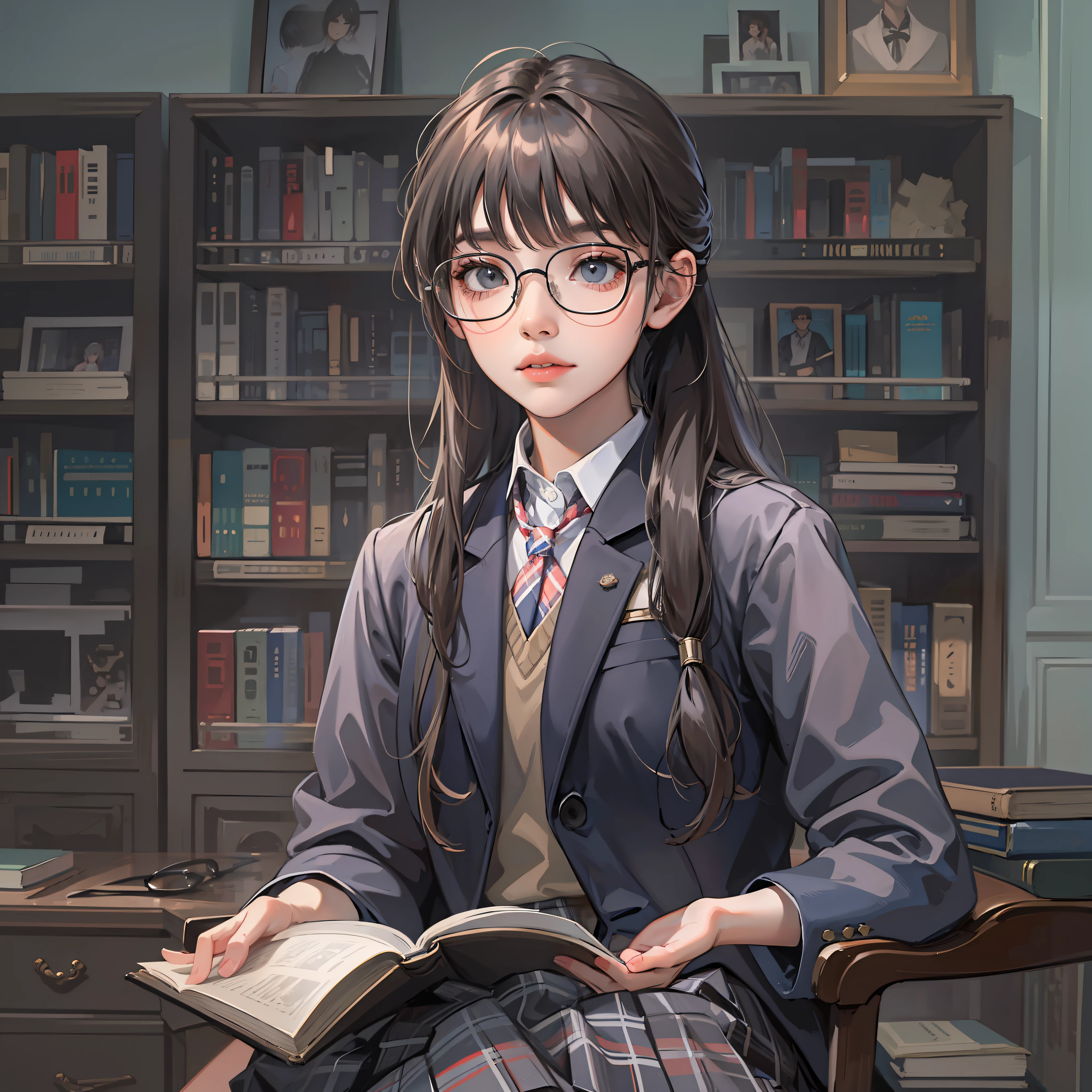 kr-pny, Outrageously long ponytail, Parted bangs, 1girll, school uniform, Dark gray open jacket, Dark gray blazer, Pleated skirt, Plaid skirts, circle glasses, Reading a book, Shy and quiet girl, View the object, Extremely detailed hair, intricately details, Masterpiece, Best quality, Upper body, Realistic,Need，tmasterpiece，16k