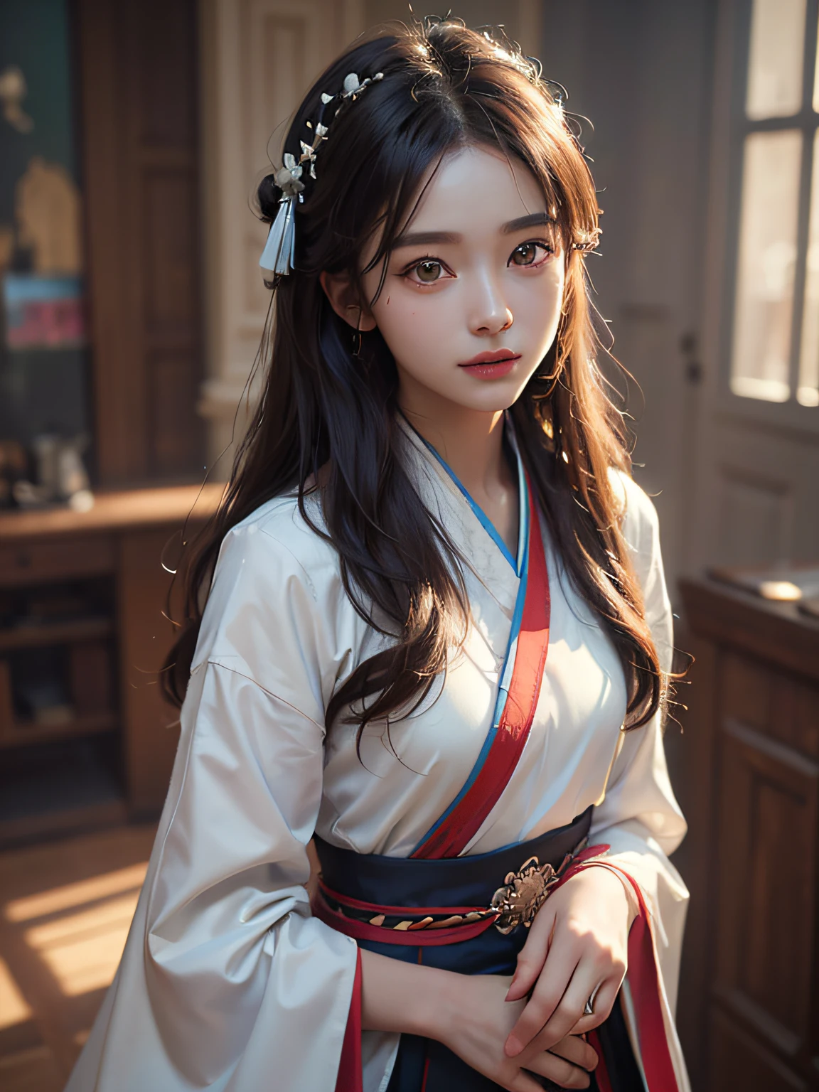 1girll, solofocus, , Li Jiaxin，Realistic， Hanfu， ssmile, border collie, rays of sunshine， Cinematic lighting, trending on artstationh, by Irakli Nadar, greg rutkovsky，(((Best quality))),(((Ultra detailed))),(((Masterpiece)))