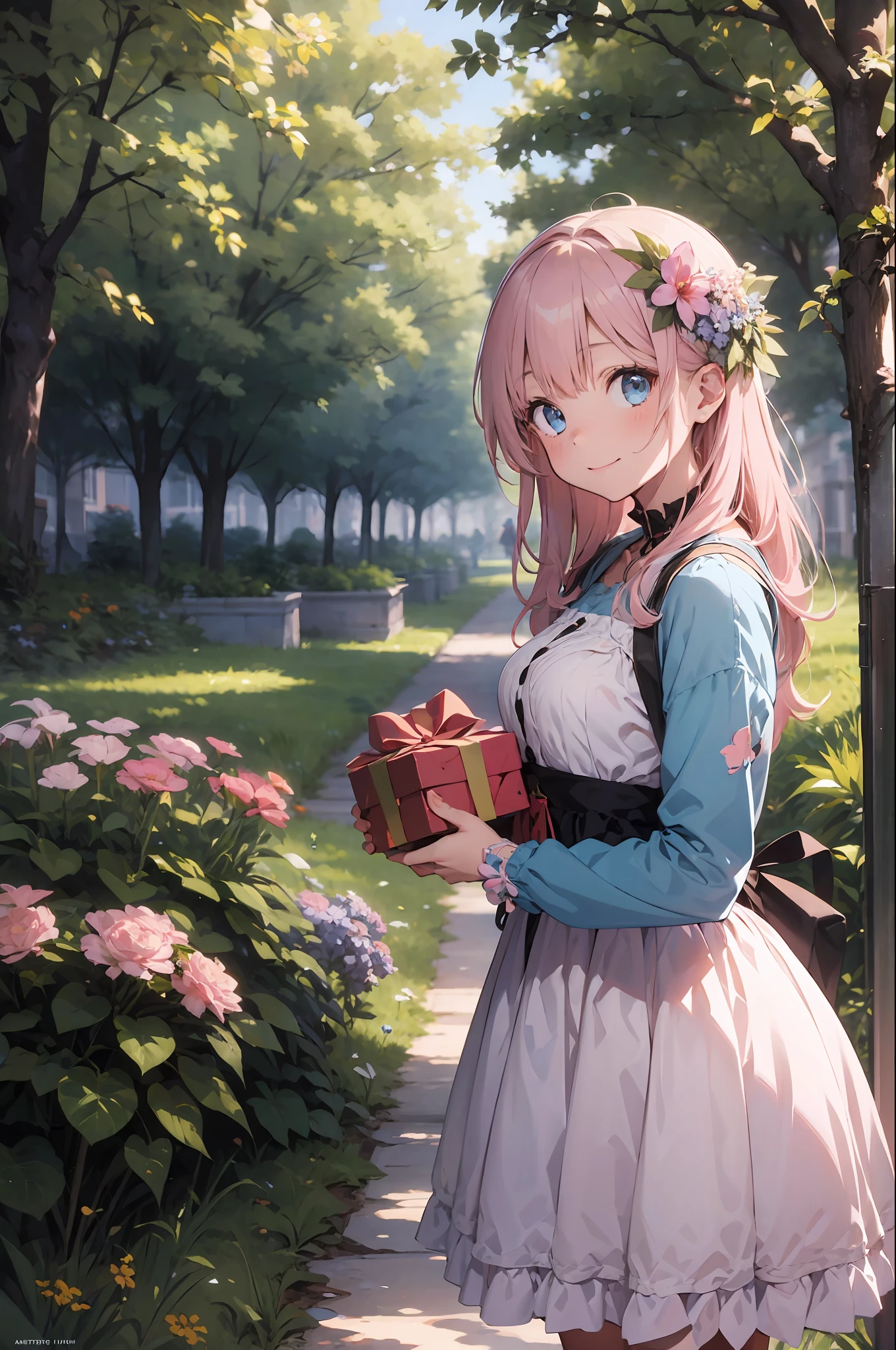 Young Woman, Light pink hair, Blue eyes, Cute colorful dress with laces, Magic herbs, Enchanted flower garden, Trees around, Comic Art Style,Holding a gift box、a smile、Overlooking view