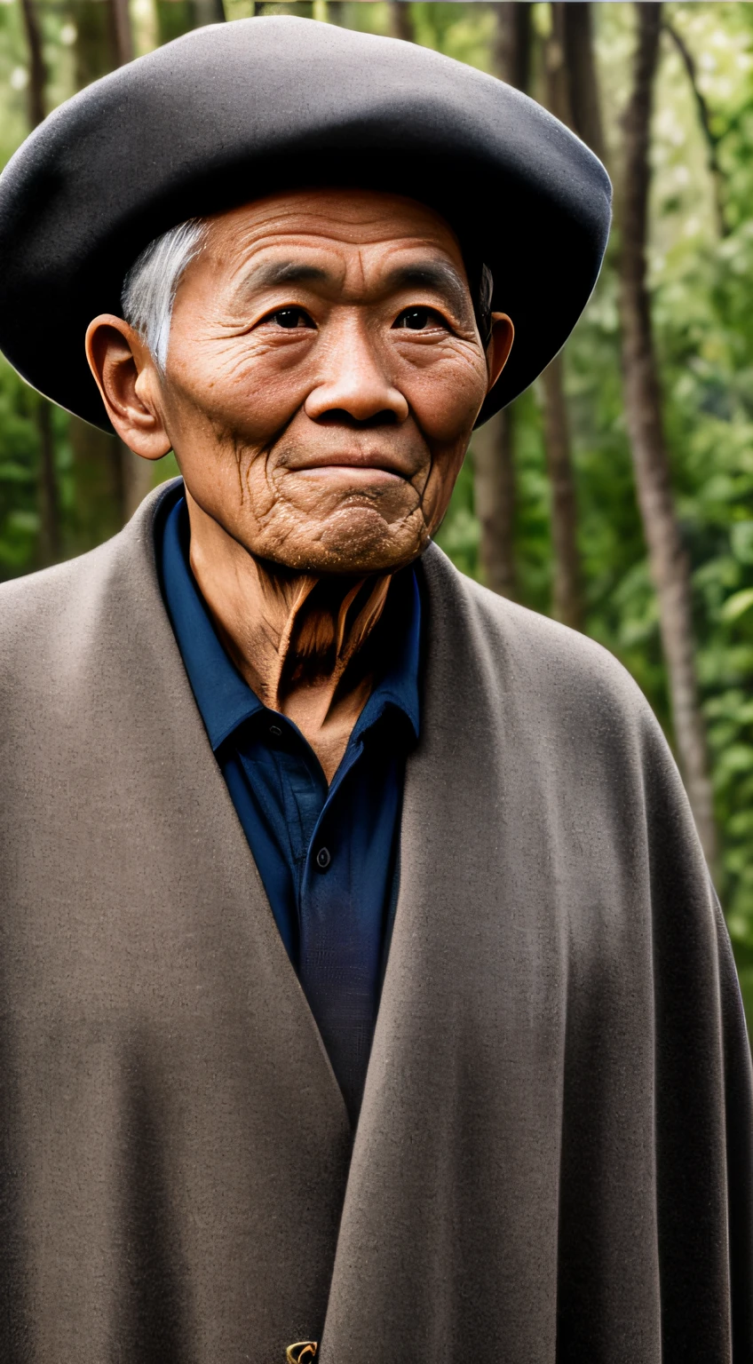 Portrait photography style,A masterpiece of the world,Ultra-unique, highly professional digital art,Film format,Hyper-realistic,Color motion picture film photography with ultra-fine detail and quality,The background is deep in the forest,An elderly man in rural China,Wise old man。He wears an old cape,The eyes are kind and shrewd。His skin had been blackened and powerful by the sun and rain,Wrinkles are fixed on the corners of the mouth and forehead,It seems that his years have precipitated。Wearing a dark gown, although the appearance is simple,But it exudes sublime wisdom and a sense of tenacity of strength。