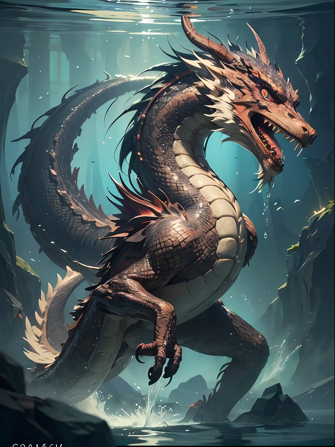 (under the water),(closer look),1dragon, Chinese dragon with a long tail, closed mouth, solo focus, realistic, in the lake, water bubbles, cinematic lighting, unreal engine, fantastic, trending on ArtStation, intricate details, masterpiece, best quality, by Irakli Nadar, Greg Rutkowski，(((best quality))),(((ultra detailed))),(((masterpiece)))