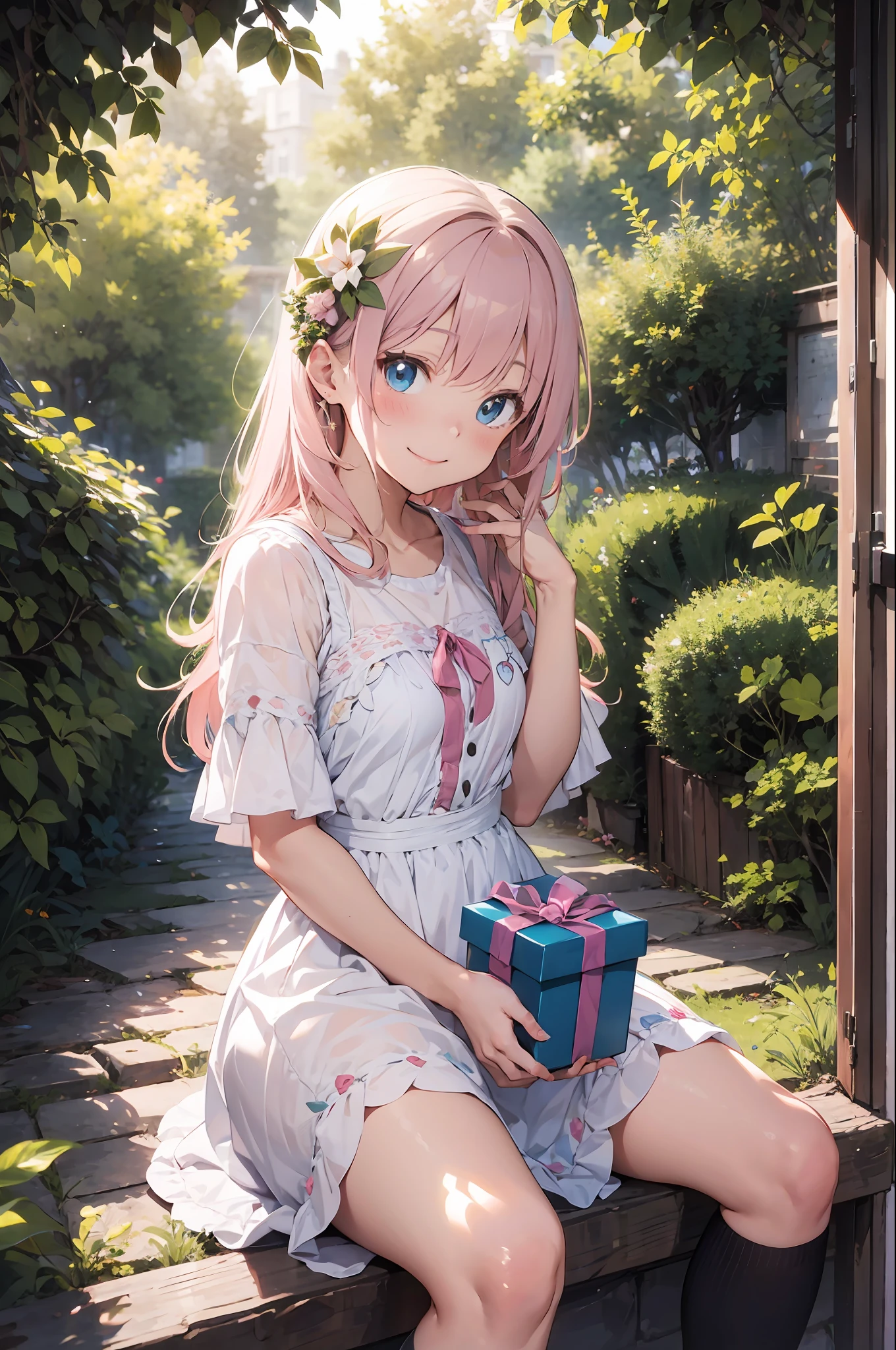 Young Woman, Light pink hair, Blue eyes, Cute colorful dress with laces, Magic herbs, Enchanted flower garden, Trees around, Comic Art Style,Holding a gift box、a smile、Overlooking view