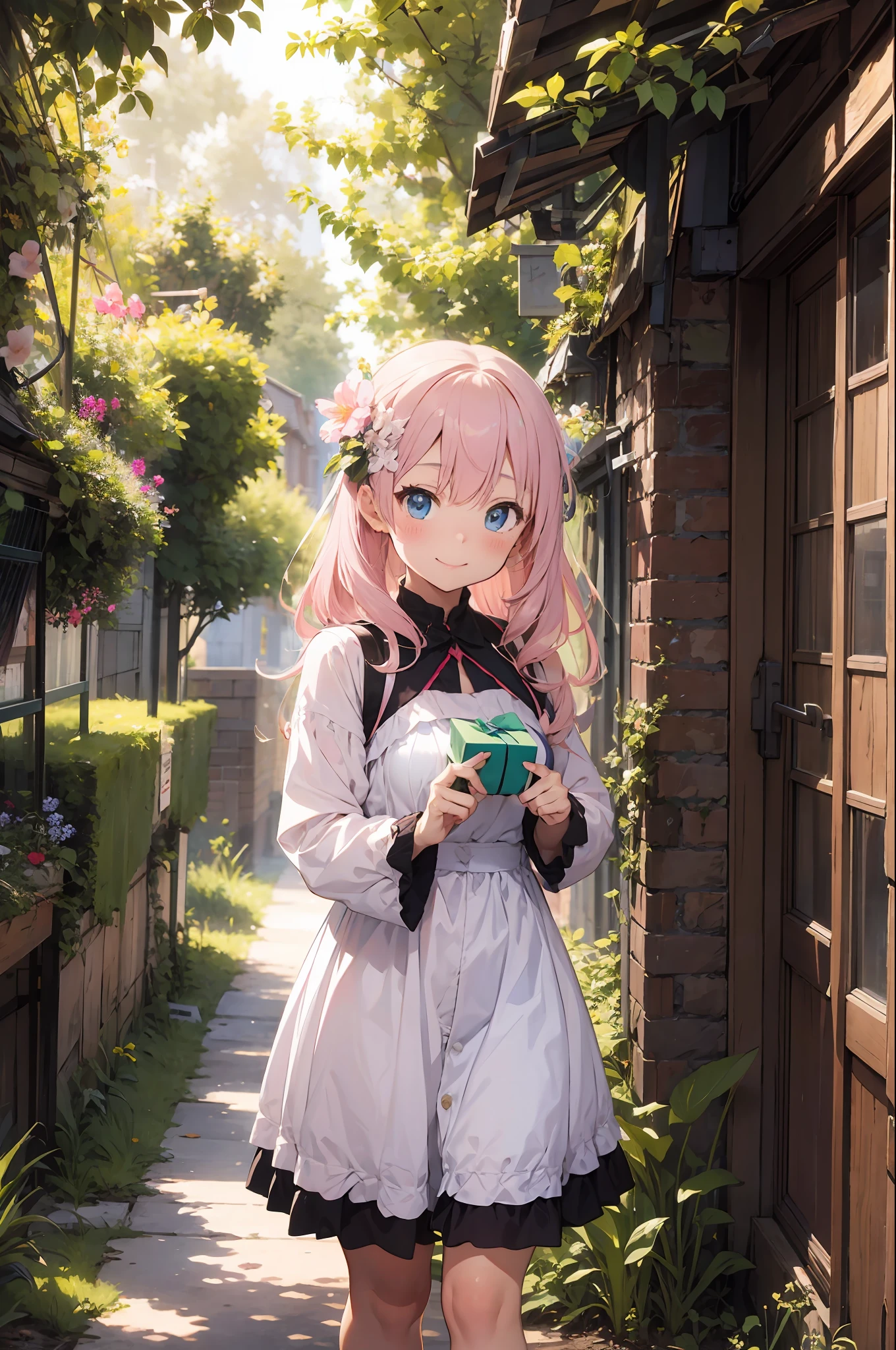 Young Woman, Light pink hair, Blue eyes, Cute colorful dress with laces, Magic herbs, Enchanted flower garden, Trees around, Comic Art Style,Holding a gift box、a smile、Overlooking view