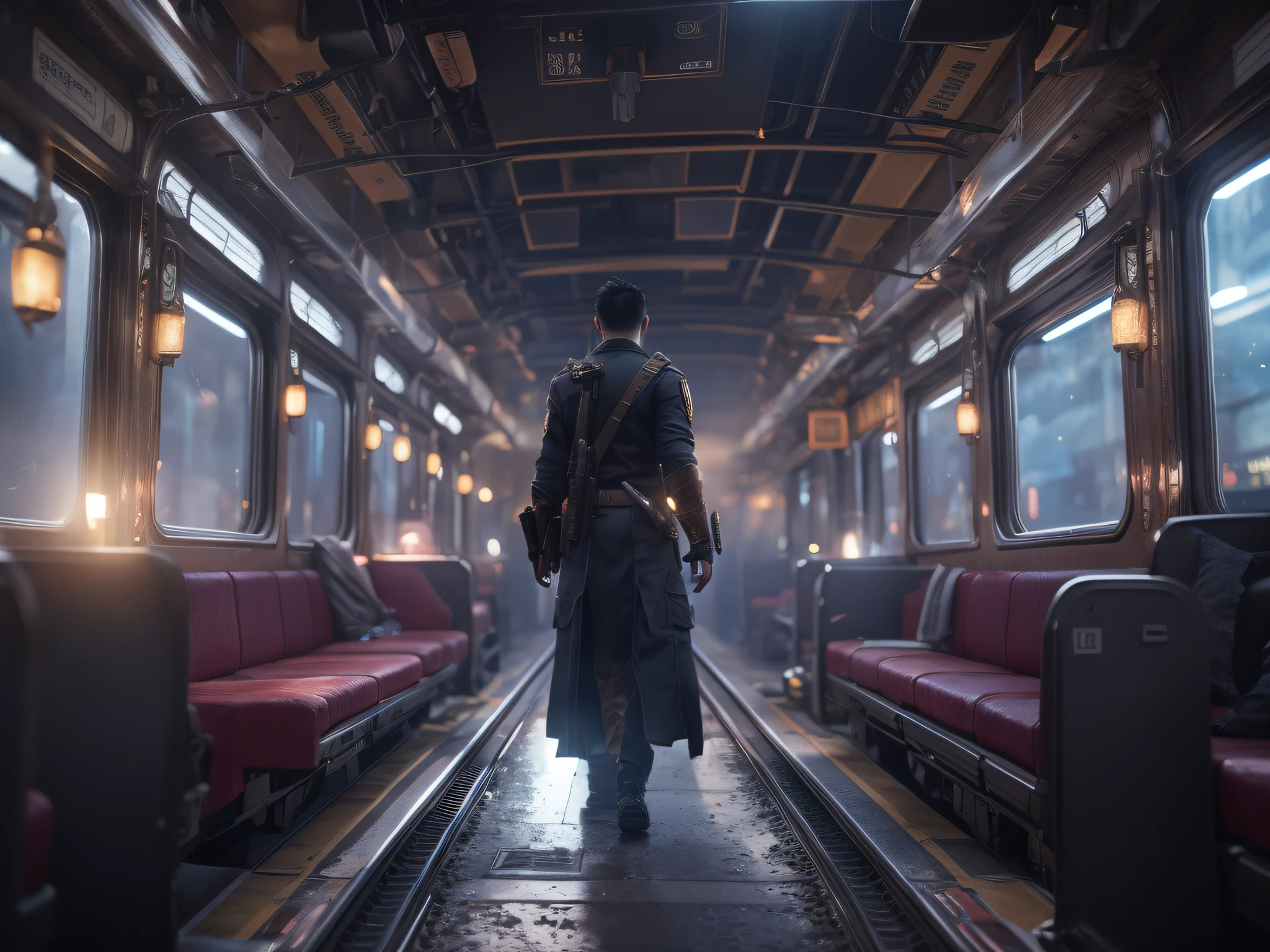 There was a man standing on the train with a gun, detailed cinematic rendering, ps 4 in - game cinematic, detailed cinematic shot, Cinematic. author:leng jun, film render, Beautiful and cinematic lighting, in-game cinematic, film render, Highly detailed movie, very detailed cinematic, Cinematic 3D rendering, video game cinematic, cinematic render unreal engine, good cinematic lighting