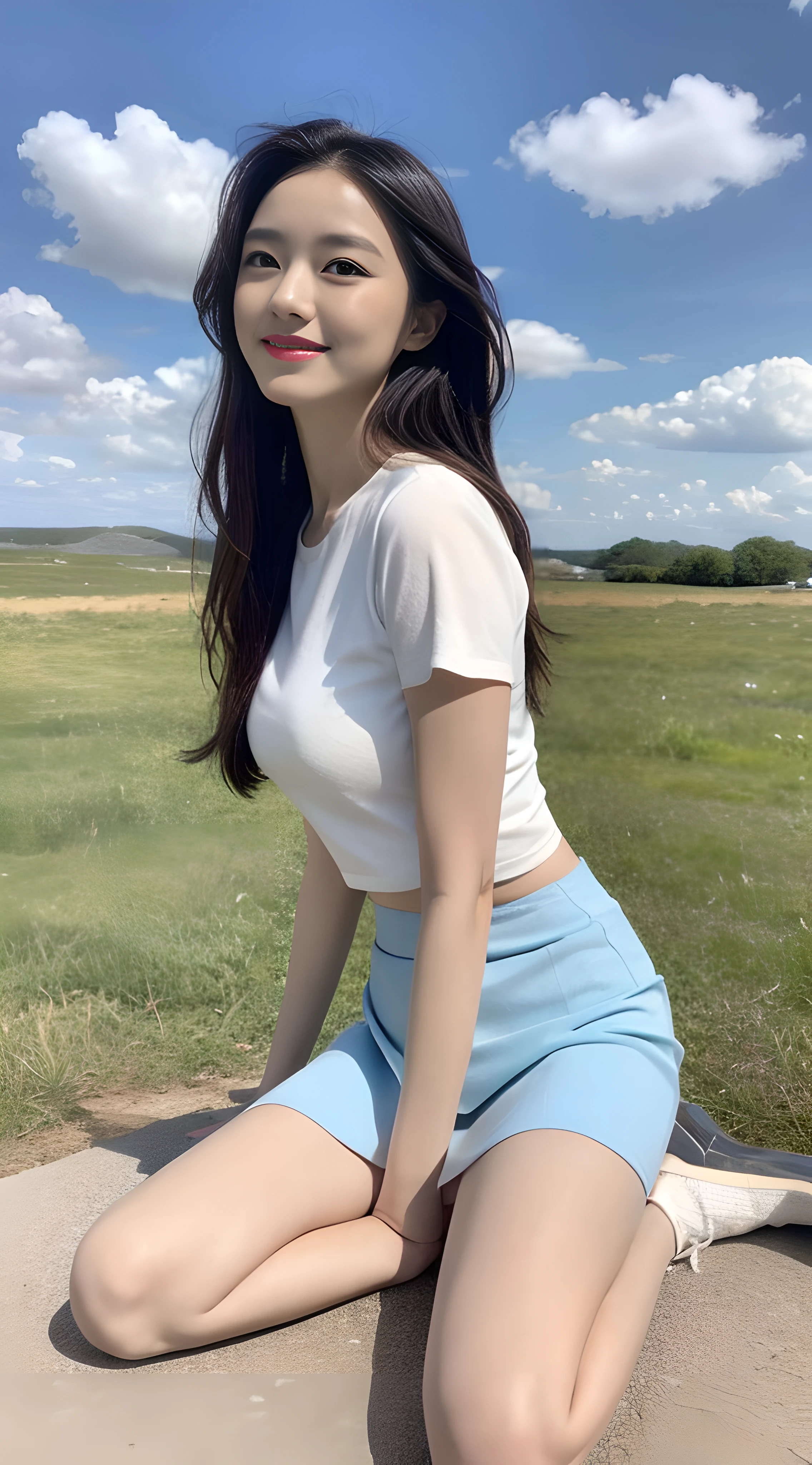 A nice and cute girl，Full body photo，Extremely beautiful and delicate，Black color hair，A sweet smile，Delicate and beautiful fair skin，Realistic and realistic，exquisite and complete facial features，Detailed depiction of the face，tall nose bridge，Smooth hair，extremely detail hair，Feminine temperament，Fill your face light，Tall and tall，Thin，Realiy，Hyper-realism，full body shot shot，Forward tilt angle,Extreme picture quality,Highest precision,Precise and perfect human anatomy。with blue sky and white clouds，Sitting on the Steppe，with blue sky and white clouds，rays of sunshine，cattle and sheep，(short  skirt)Panties are clearly visible. telephoto shot，Express the landscape，Highlight portrait。