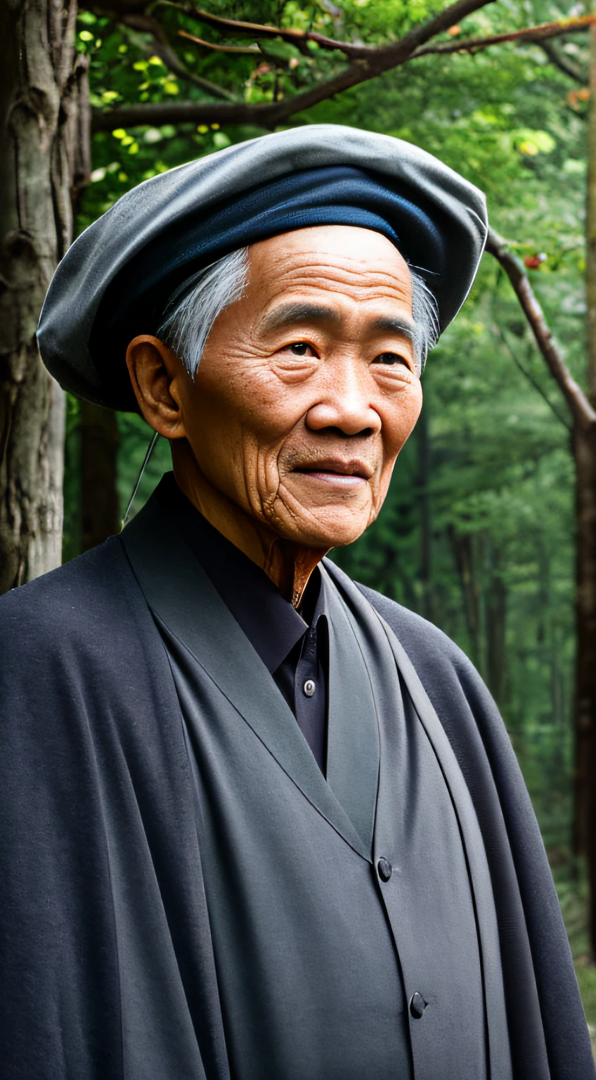 Portrait photography style,A masterpiece of the world,Ultra-unique, highly professional digital art,Film format,Hyper-realistic,Color motion picture film photography with ultra-fine detail and quality,The background is deep in the forest,An elderly man in rural China,Wise old man。He wears an old cape,The eyes are kind and shrewd。His skin had been blackened and powerful by the sun and rain,Wrinkles are fixed on the corners of the mouth and forehead,It seems that his years have precipitated。Wearing a dark gown, although the appearance is simple,But it exudes sublime wisdom and a sense of tenacity of strength。
