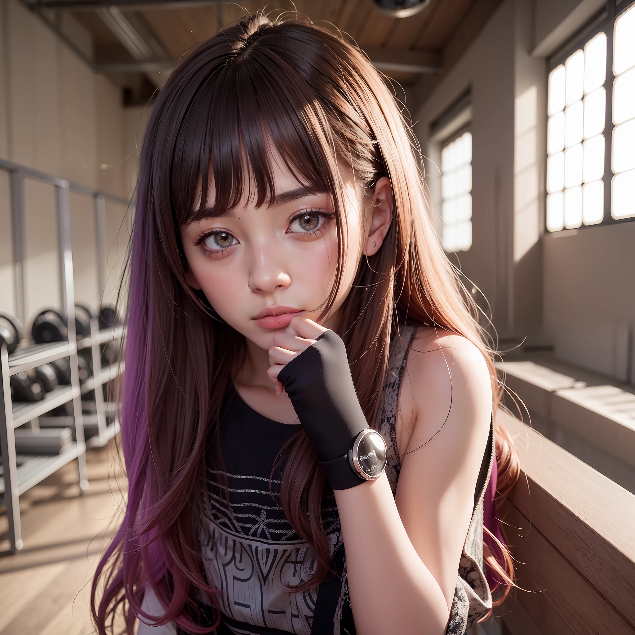 obra maestra, mejor calidad, high resolusion, extremadamente detallado, cinematography lighting, 1girl, Lilinda shy girl, mirando al espectador, lindo, pechos medianos, cabello rosado, cabello medio, ojos azules, buruma, uniforme de gimnasio, Gymnasium warehouse, avergonzado, bashful, mirando al espectador, ombligo, gota de sudor, rubor, luz del sol, sombra