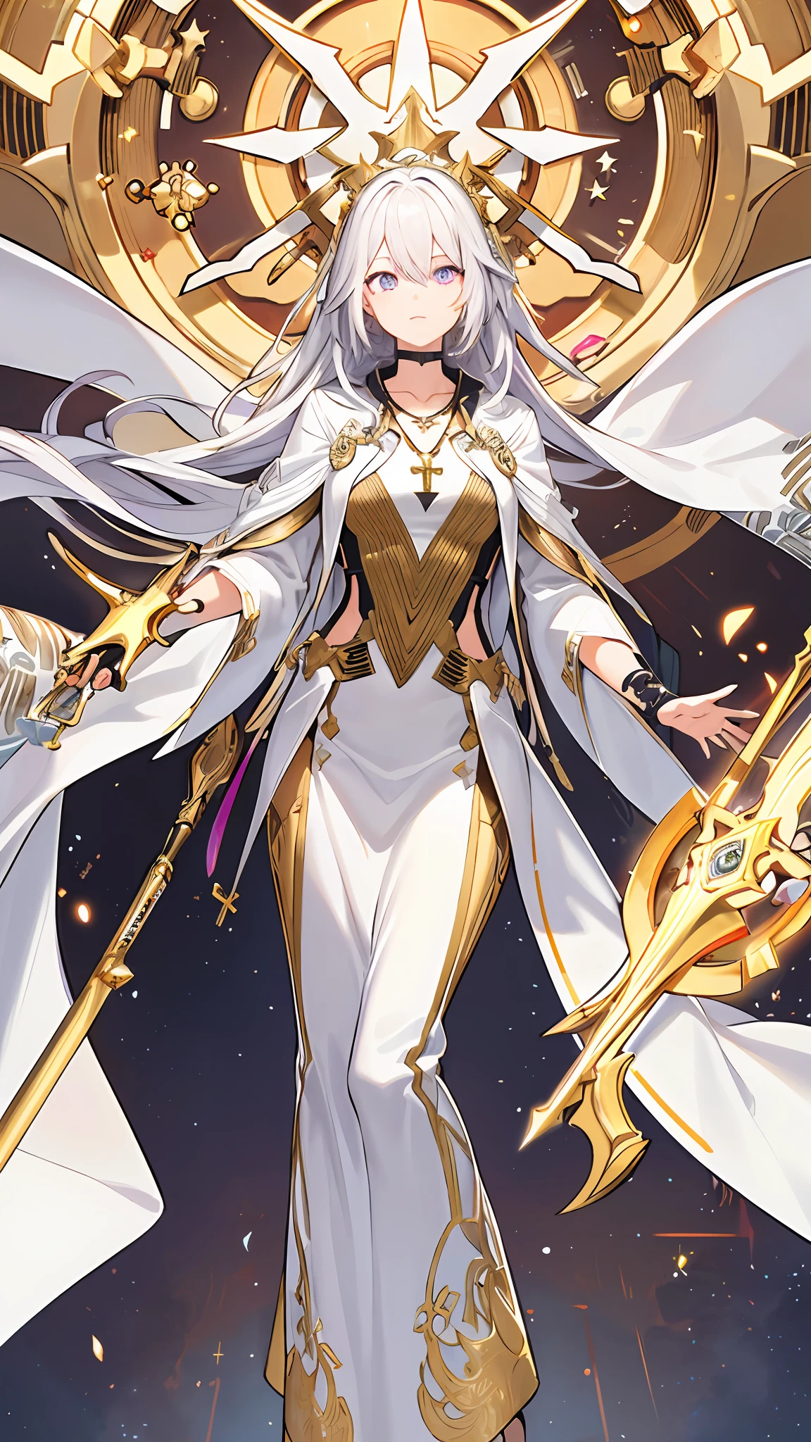(((Masterpiece))),(((best qualtiy))),((Ultra-detailed)),(illustration),((anextremelydelicateandbeautiful)),dynamic angle,Floating,(beatiful detailed eyes),(detailedlight) (1girll), Solo, Floating_Hair,glowing light eyes,whaite hair,Purple eye, Long hair with a shawl, White coat, cross necklace,Long Gun,Divinity,Golden background,