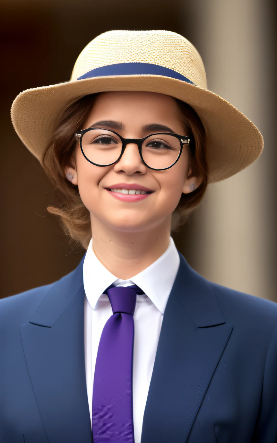 Arafed boy in a blue suit and hat with glasses and a tie, vestindo o uniforme, girl wearing round glasses, girl with glasses, with navigator shaped glasses, She is wearing a hat, vestindo uniforme de diretora, meninarno, usando uniforme escolar, usando uniforme escolar, usando um fedora, She wears Harry Potter glasses, blue rimmed glasses