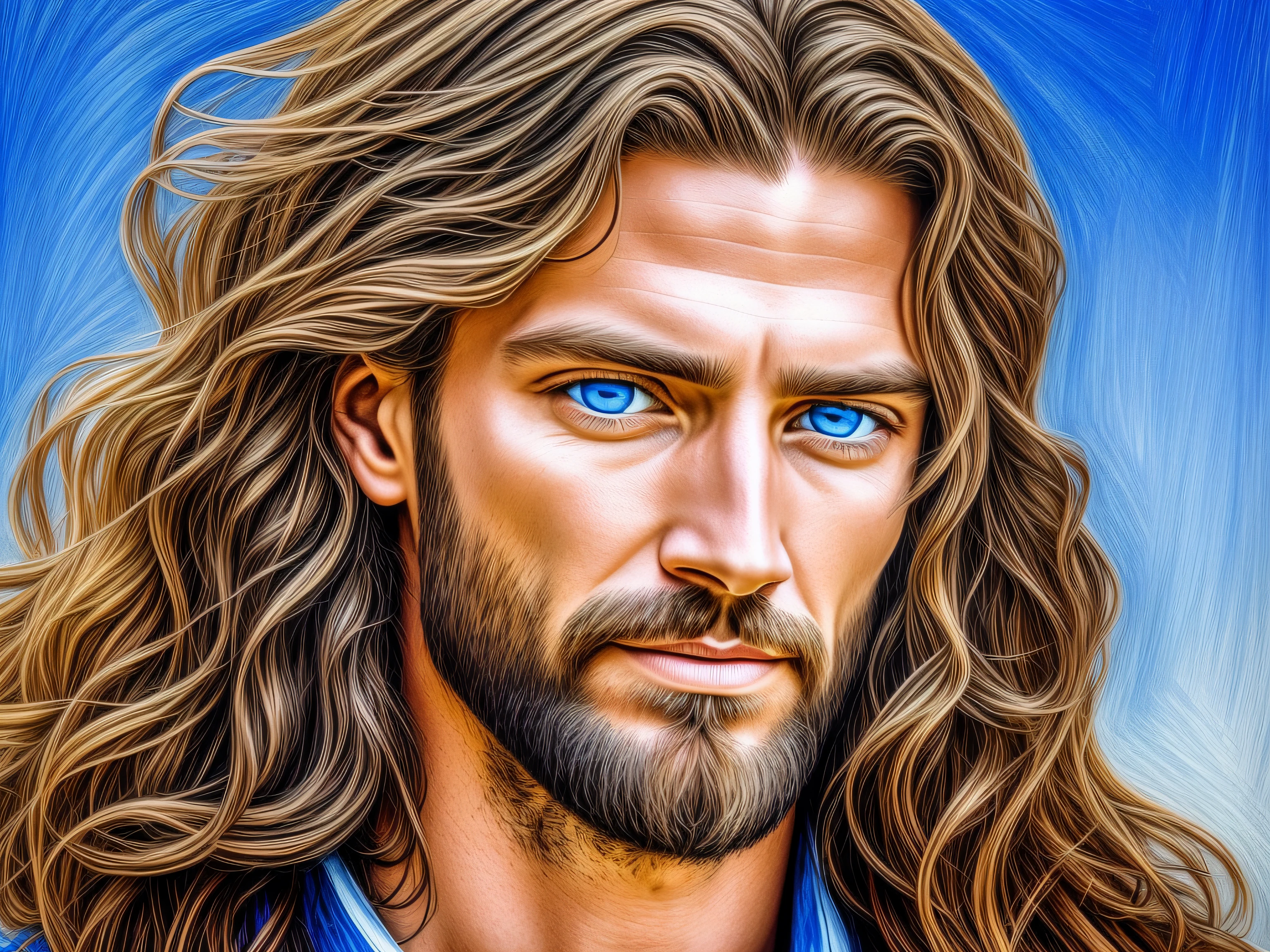 Portrait of a handsome man, Jesus Christ, real blue eyes, sunny day, intricate details.