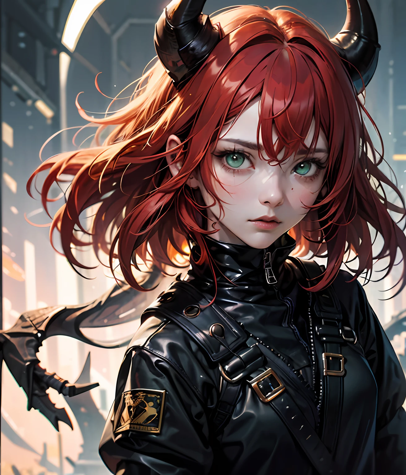 absurdres, highres, ultra detailed, (ultra-detailed background, detailed background), extremly detailed, 1girl, melancholy photo of a red haired demon young female with green eyes and black horns, lace catsuit, desaturated colour, inclement emotions, shot with a Ilford HP5, F/1. 8