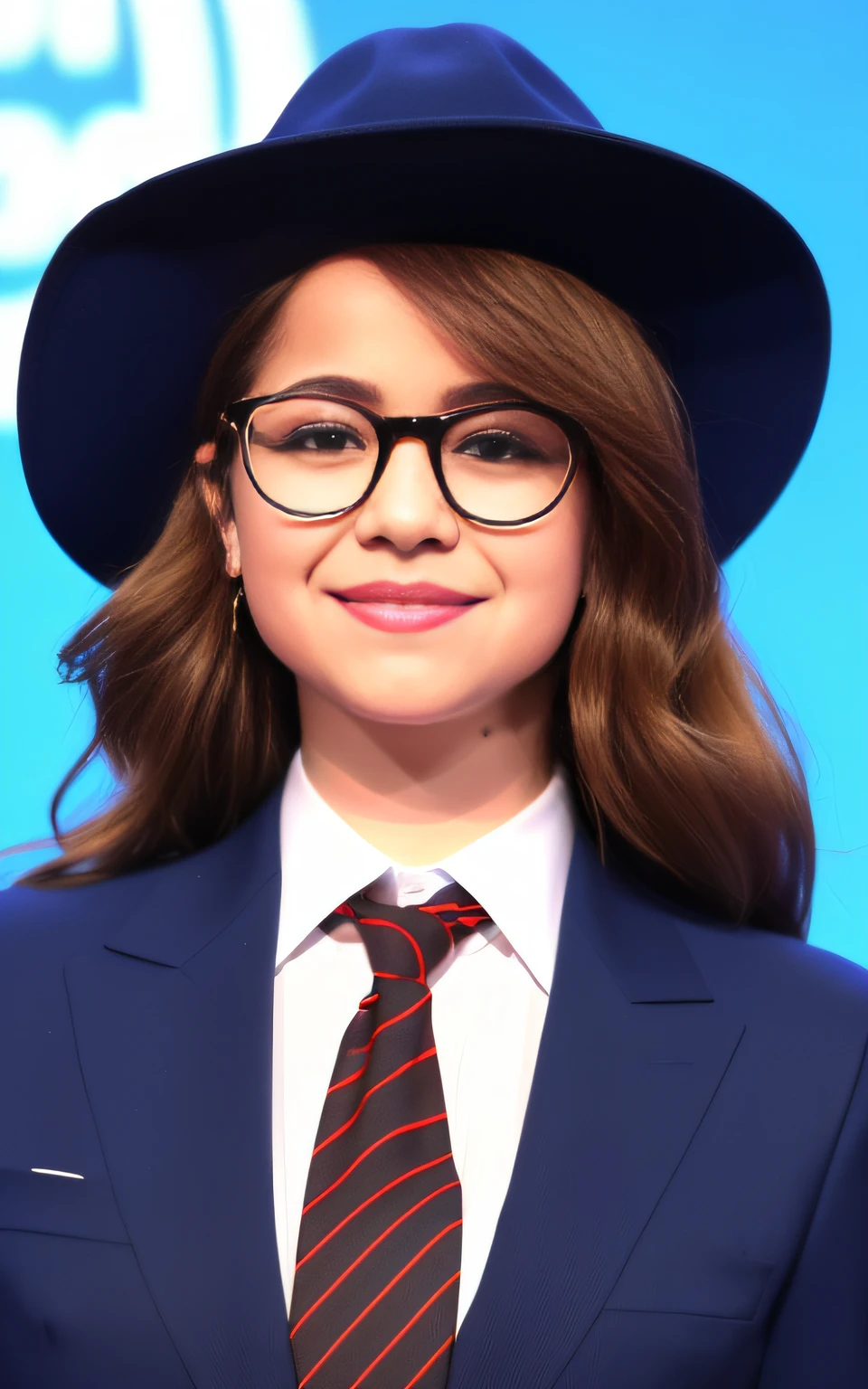 Arafed boy in a blue suit and hat with glasses and a tie, menina vestindo o uniforme, girl wearing round glasses, girl with glasses, with navigator shaped glasses, She is wearing a hat, vestindo uniforme de diretora, menina no terno, usando uniforme escolar, usando uniforme escolar, usando um fedora, She wears Harry Potter glasses, blue rimmed glasses