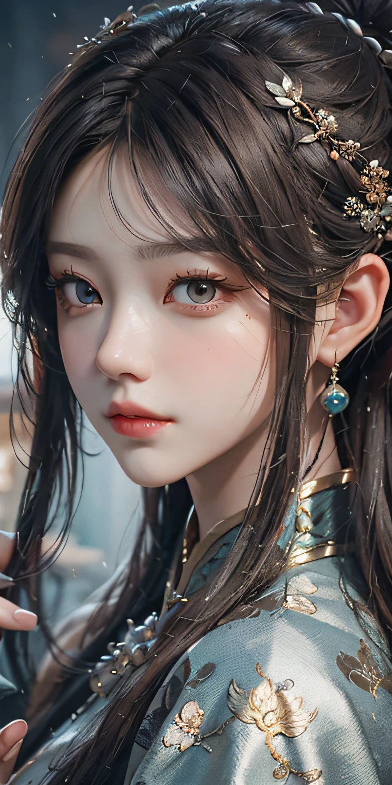 Close up of a woman with brown hair and brown mask，Belle peinture de personnage，Chinese immortals，Fairy style，Guviz，Guviz-style artwork，Silver-haired god，Yang J，Epic and beautiful character art，Stunning character art，FAN Qi，Wu Zhun Shifan，Guvitz at the Pixiv Art Station