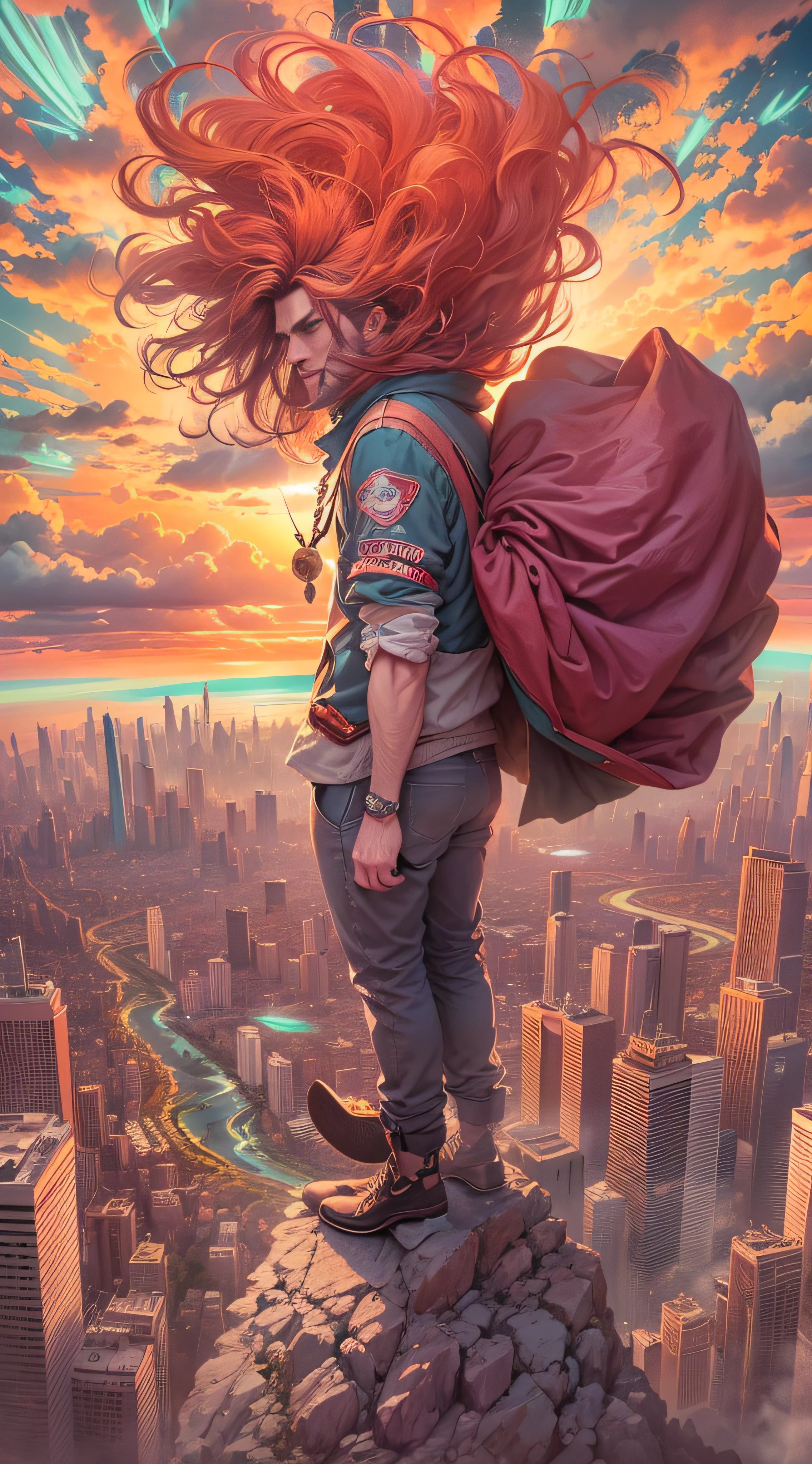 um homem de cabelos enorme, cabelo gigante ruivo, cabelo gigante cabelos enormes, Flying over the sky, no fundo temos uma cidade vista do alto, The city is on fire, Home is wearing a look inspired by the Mad Hatter character, He's seeing the city from heaven
