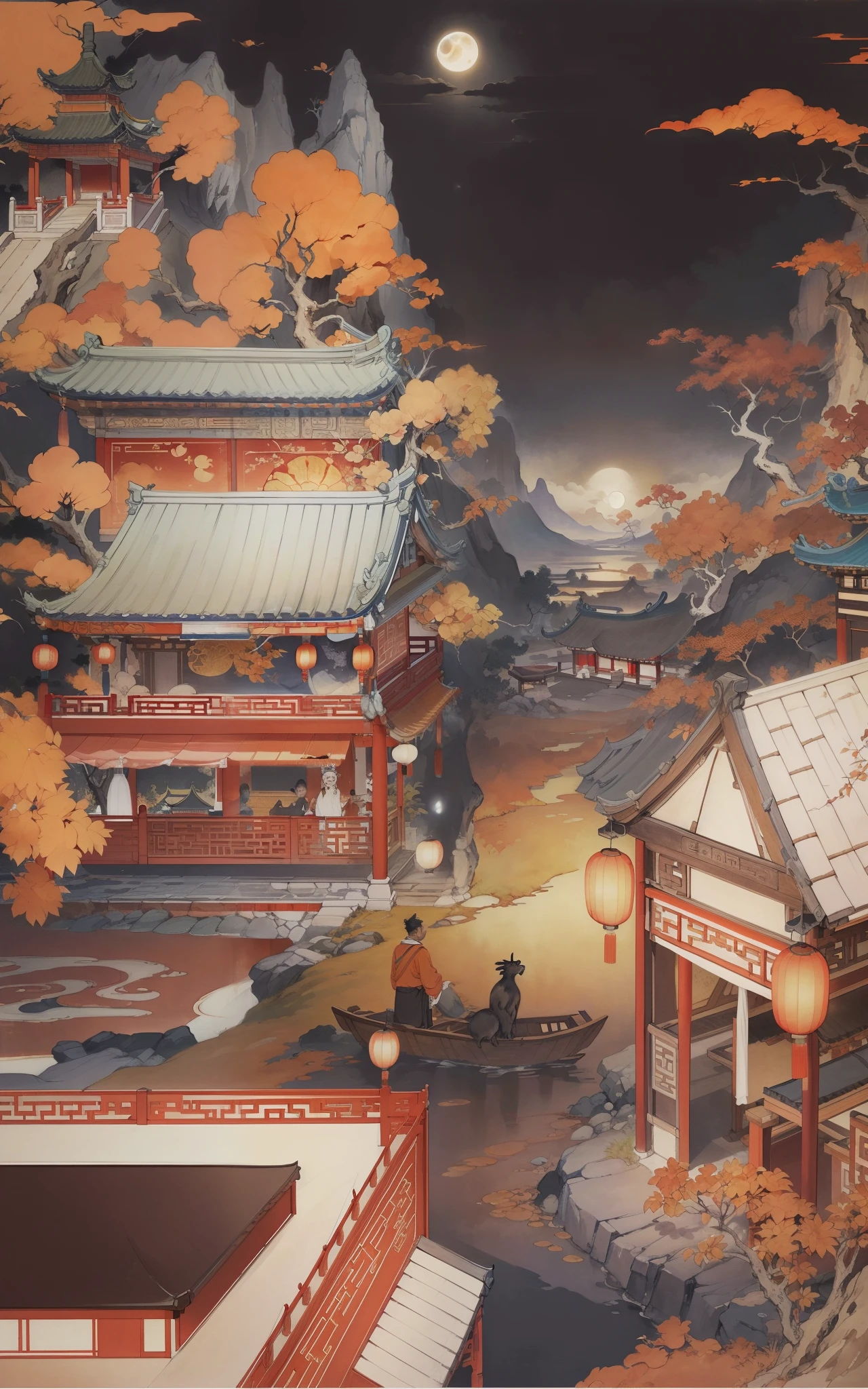 Ancient Chinese landscapes,Ancient buildings,Pavilions,Carved beams and paintings,enchanting scenery,Night,Moon light,Layered, Rich light and shadow,Mid-Autumn Festival, Ink painting style,clean color,Low-saturation colors,Colors of low brightness,Decisive cut,Leave white space,impressionistic,tmasterpiece,ultra - detailed,Epic composition, HighestQuali,hyper realisitc,Art germ --v 6