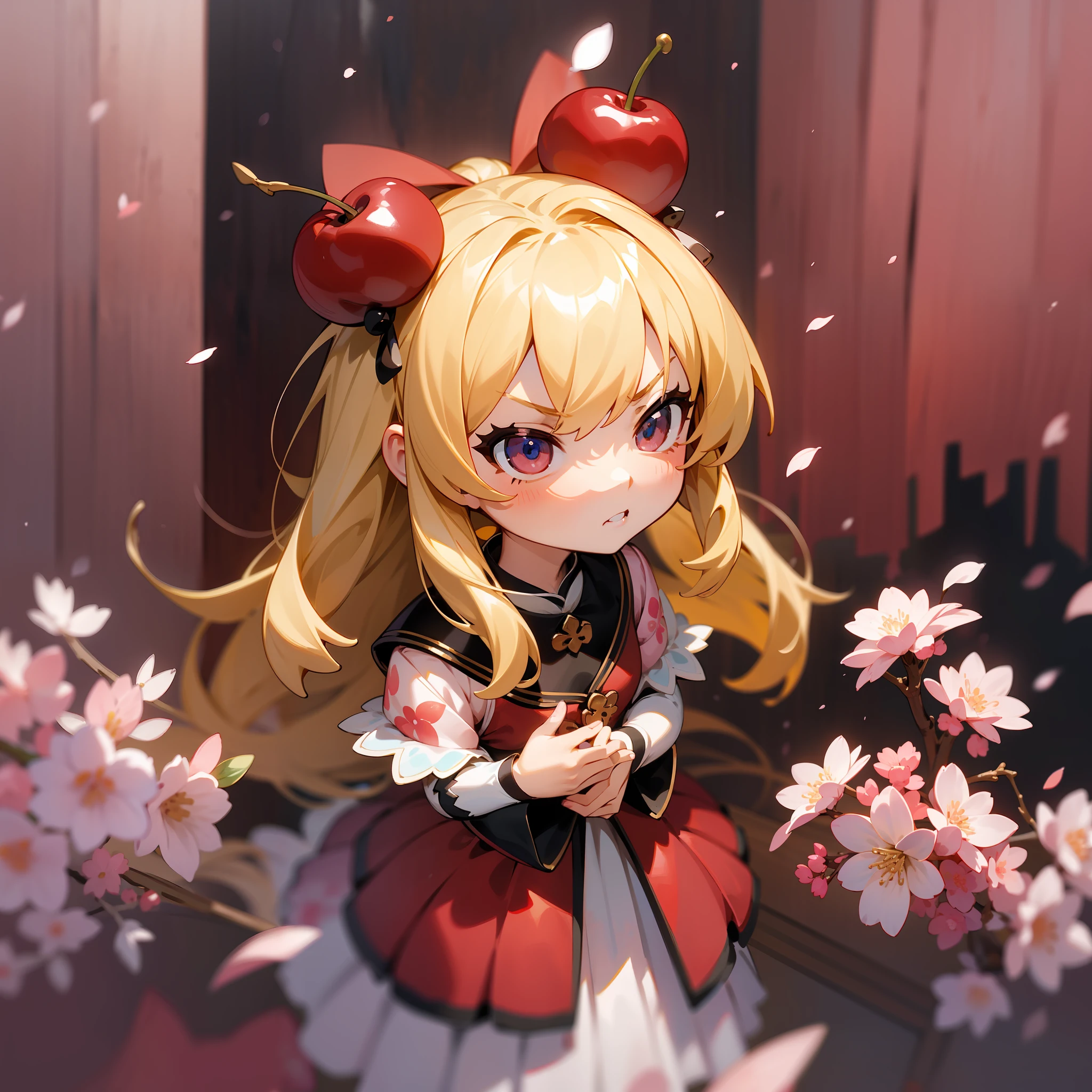 Doll standing in front of the painting, blonde, angry face, Sengai, pixiv, rococo, dolfie dream, watercolor Nendoroid, (high definition figure), flowing cherry colored silk, nendroid, highly_detailed!!, cherry blossom petals, flowing cherry blossom silk, season!!: 🌸 ☀ 🍂 ❄