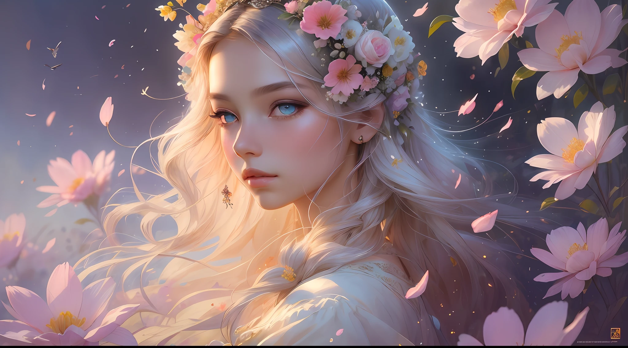 This artwork is dreamy and ethereal, with colors drawing inspiration from gentle watercolors, primarily pink. Generate a delicate and demure flower maiden with soft, realistic hair dancing in the breeze. Her sweet, realistic face is extremely detailed and has puffy, big lips and stunning, highly realistic eyes. Her eyes are important and should be realistic, highly detailed, and beautiful. The flower maiden is wearing delicate and elegant fabric of silk and satin. She is surrounded by beautiful flowers of varying sizes and colors and flower petals dancing in the wind around her. The background is detailed, wild, and unruly, with wildflowers and wind and pollen creating a dynamic and compelling image. She wears an ornately flowered headdress that enhances her soft beauty. Include a soft watercolor sky. Include fantasy details, enhanced details, iridescence, colorful glittering wind, and pollen. Pay special attention to her face and make sure it is beautifully and realistically detailed. The image should be dreamy and ethereal.8k, intricate, elegant, highly detailed, majestic, digital photography, art by artgerm and ruan jia and greg rutkowski, (masterpiece, finely detailed beautiful eyes: 1.2), hdr, realistic skin texture, ((fantasy00d:1)), rays of light, ornate flowers, dew drops, sunlight, hazy rays of sun, flowergateway style, castle, palace, archway, flowers, growing