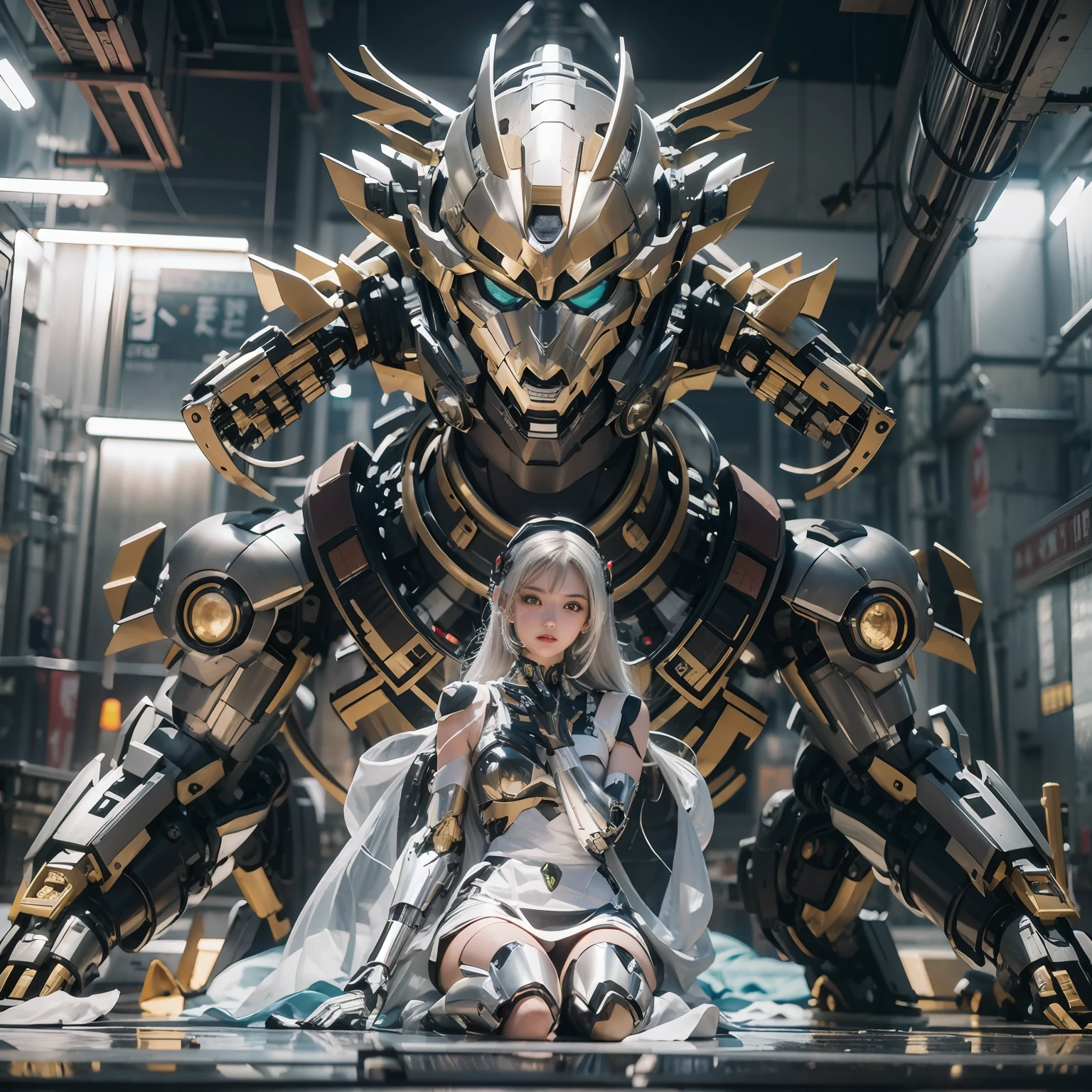 1girll，Big eyes，Perfect facial features，With a mecha helmet，mechs，Photorealsitic，Metallic，sitting on a stool，eyes looking at the lens，Lips slightly open，There is a mecha dragon behind him，Dragon，best qualtiy，c4d渲染，rendering by octane，Cinematic quality，tmasterpiece，16k