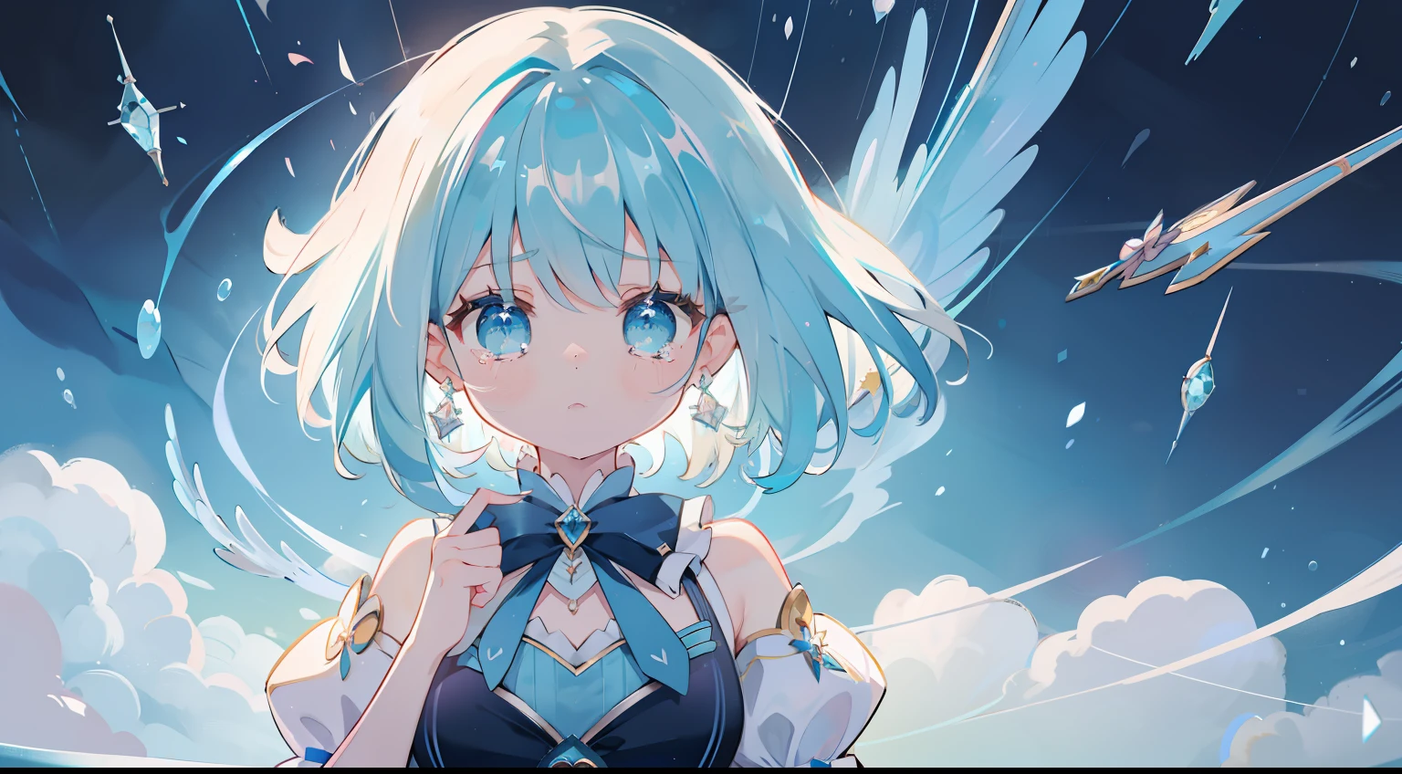 One girl、magical little girl、Medium hair、blue hairs、blue eyess、Magical Girl Costumes、​masterpiece、top-quality、Top image quality、cute little、crying how bright、setback