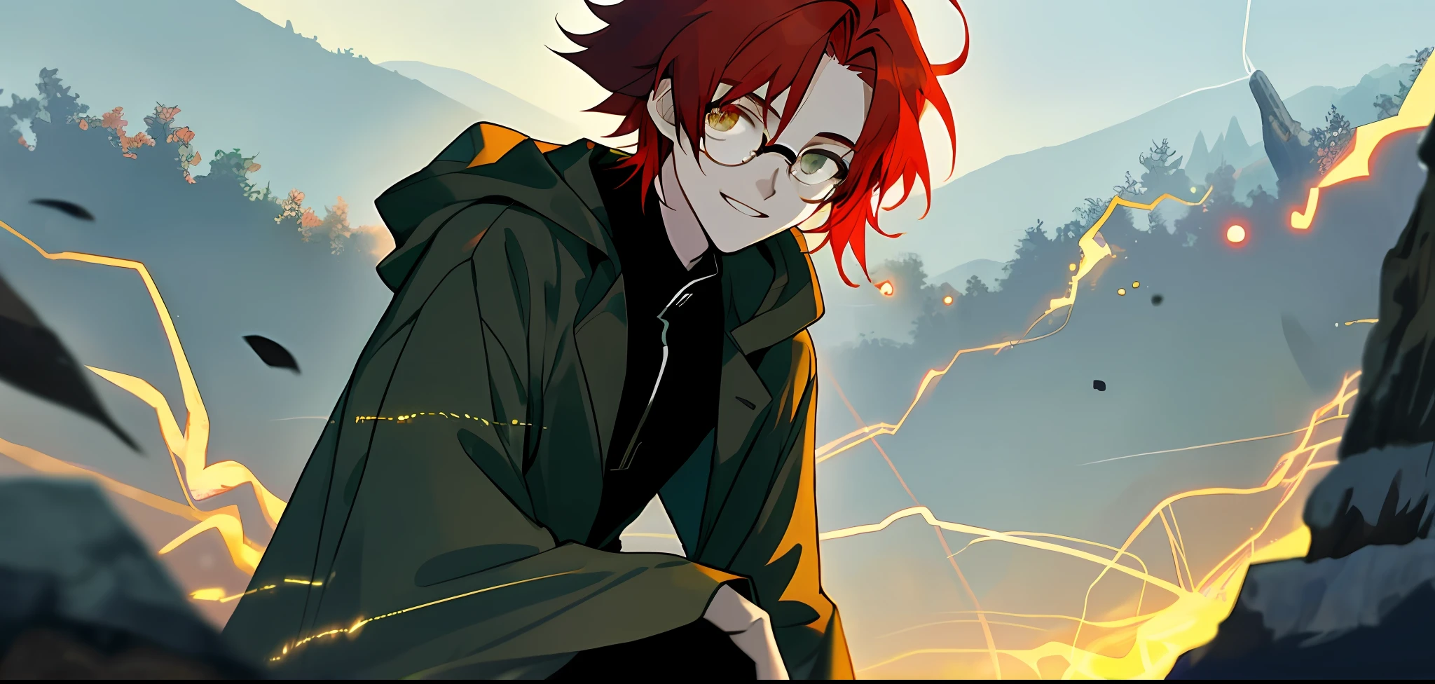 (masterpiece, best quality), Anime boy, young man, solo, 1 boy solo, red hair, messy red hair, messy short red hair, pale skin, dark under eyes, dark eyebags, tired, modern clothes, long coat, peaceful scenery, beautiful soft lightning, detailed, glasses, black glasses, dark green eyes, relaxing, smiling slightly, soft expression, CGI scene, cutscene, CGI cutscene of a young man holding food, happy face, showing food towards camera, holding food towards camera, holding food, close up, giving food towards the camera