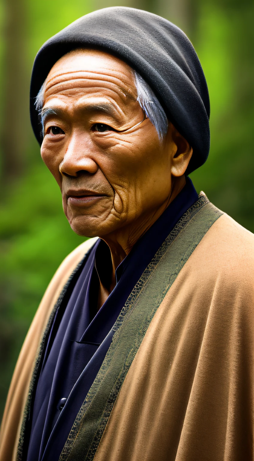 Portrait photography style,A masterpiece of the world,Ultra-unique, highly professional digital art,Film format,Hyper-realistic,Color motion picture film photography with ultra-fine detail and quality,The background is deep in the forest,An elderly man in rural China,Wise old man。He wears an old cape,The eyes are kind and shrewd。His skin had been blackened and powerful by the sun and rain,Wrinkles are fixed on the corners of the mouth and forehead,It seems that his years have precipitated。Wearing a dark gown, although the appearance is simple,But it exudes sublime wisdom and a sense of tenacity of strength。