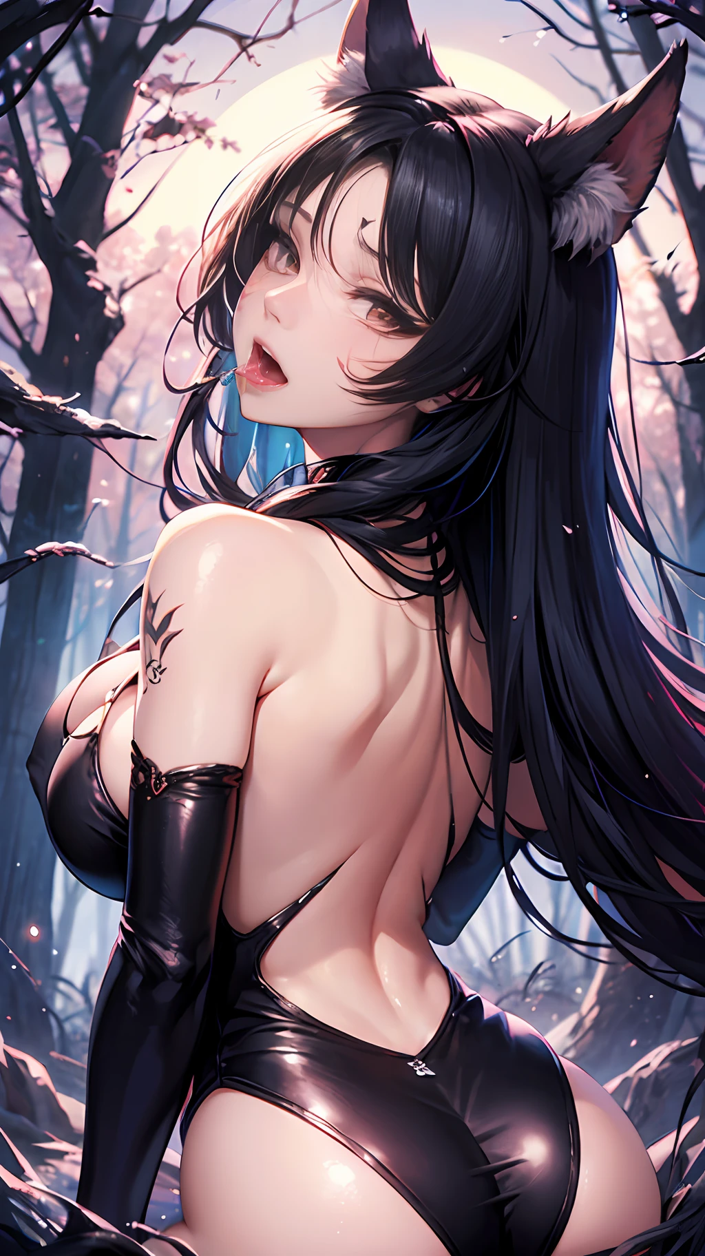 a stunningly beautiful young woman is mid-transformation into a werewolf as an alpha wolf takes her from behind, (werewolf:1), furry,, from behind, grab arms, (masterpiece:1.2), (best quality:1.2), (extremely detailed:1.2), (extremely detailed face), (detailed background), (ultra detailed), 8k, 1girl, big breasts, ah1, facial mark, multiple tails, fox tails, red korean clothes, bare shoulders, black hair, ulzzang-6500-v1.1, painful expression, mouth open, dripping saliva from mouth, in the forest, under a full moon --auto --s2